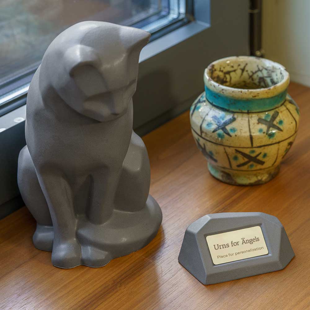 Memorial Nameplate Holder Matte Grey with Sitting Cat within Home