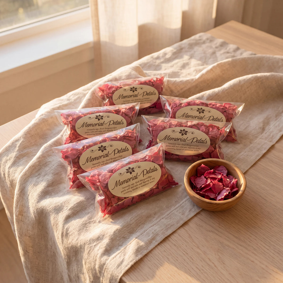 Six Memorial Petals sachets on linen with a bowl of dried bougainvillea petals