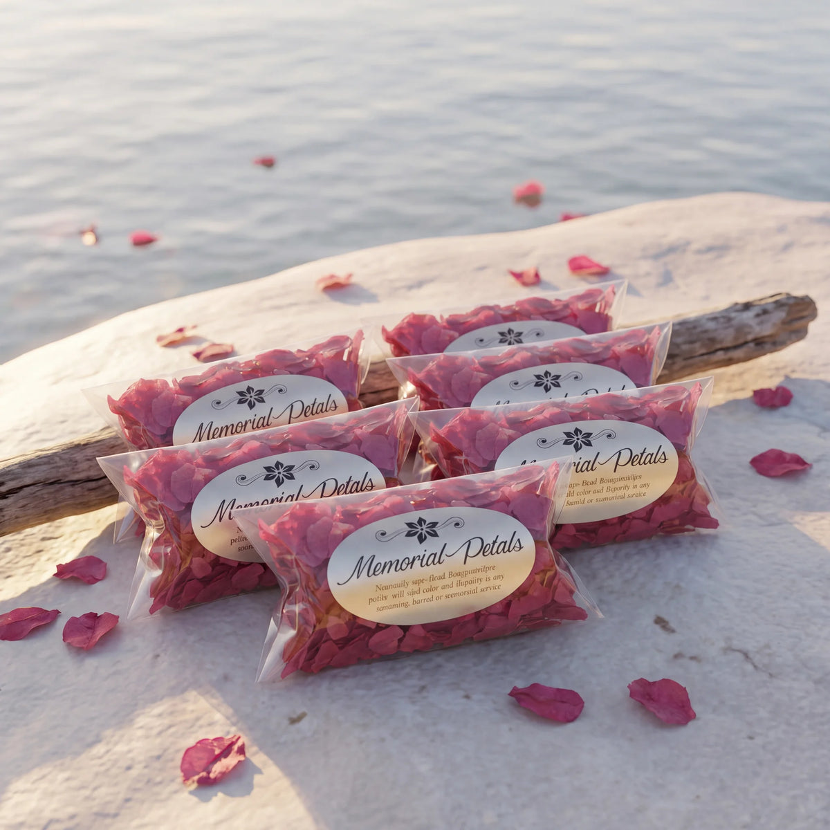 Memorial Petals pack of 6 sachets on a rock at the water's edge