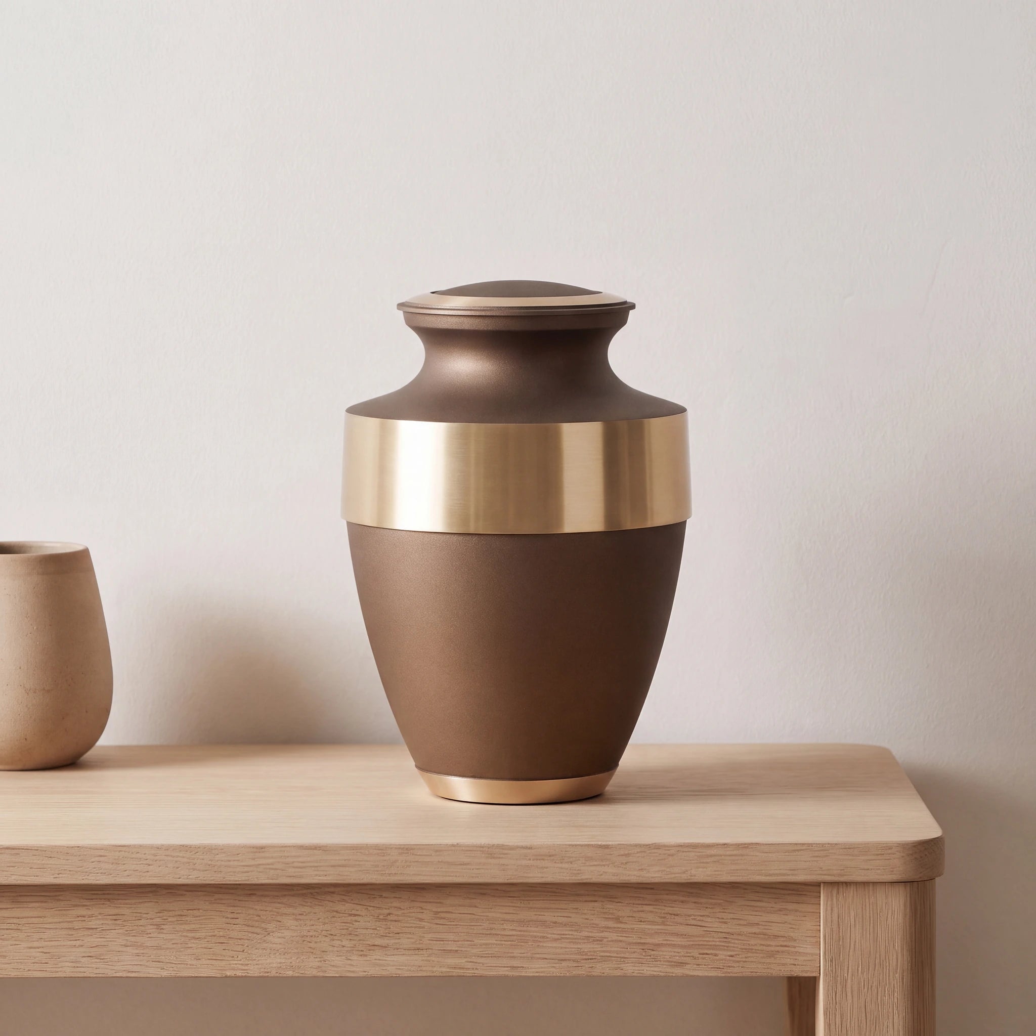 Metal Adult Cremation Urn for Ashes in Bronze with Gold Band