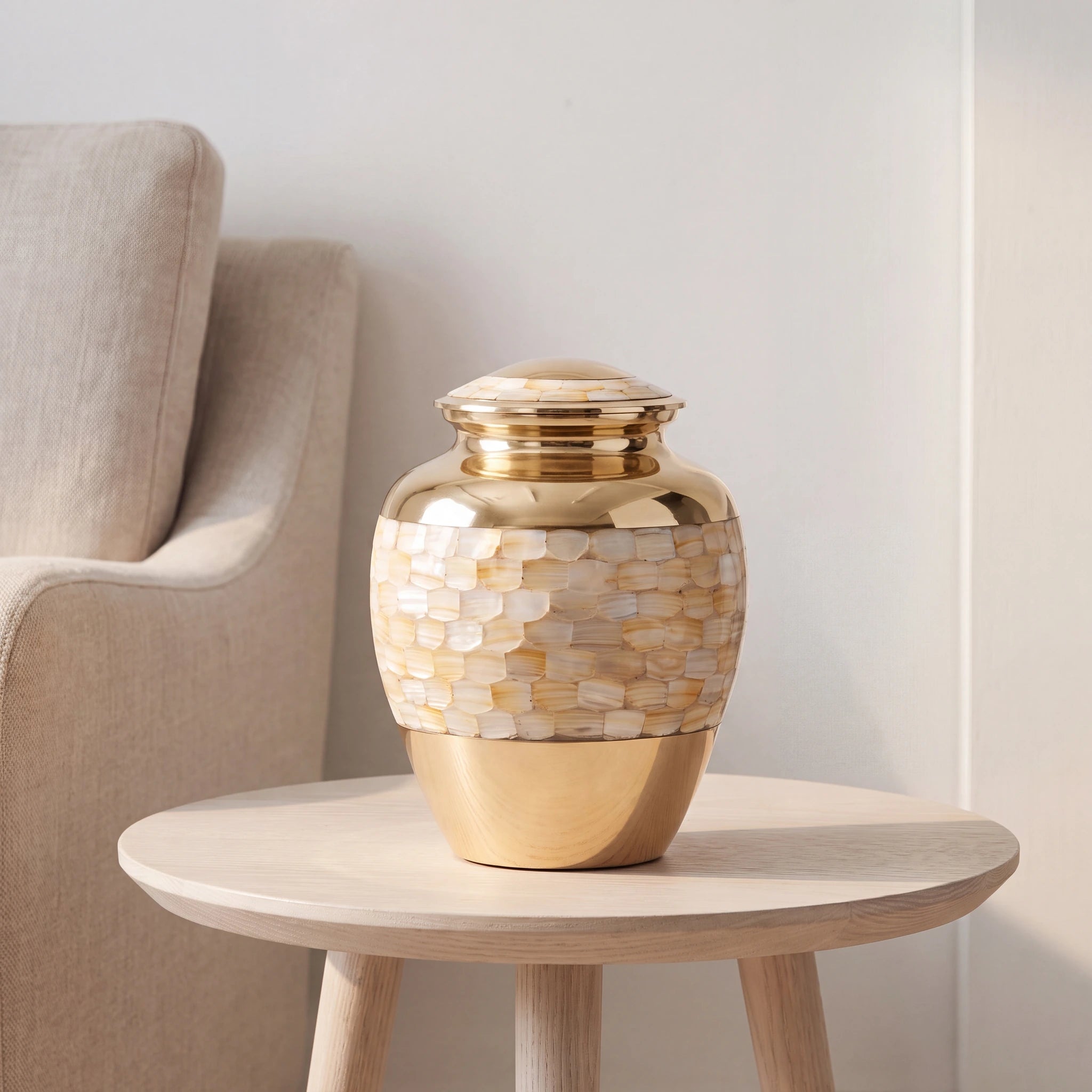 Mother of Pearl Metal Adult Cremation Urn for Ashes in Gold