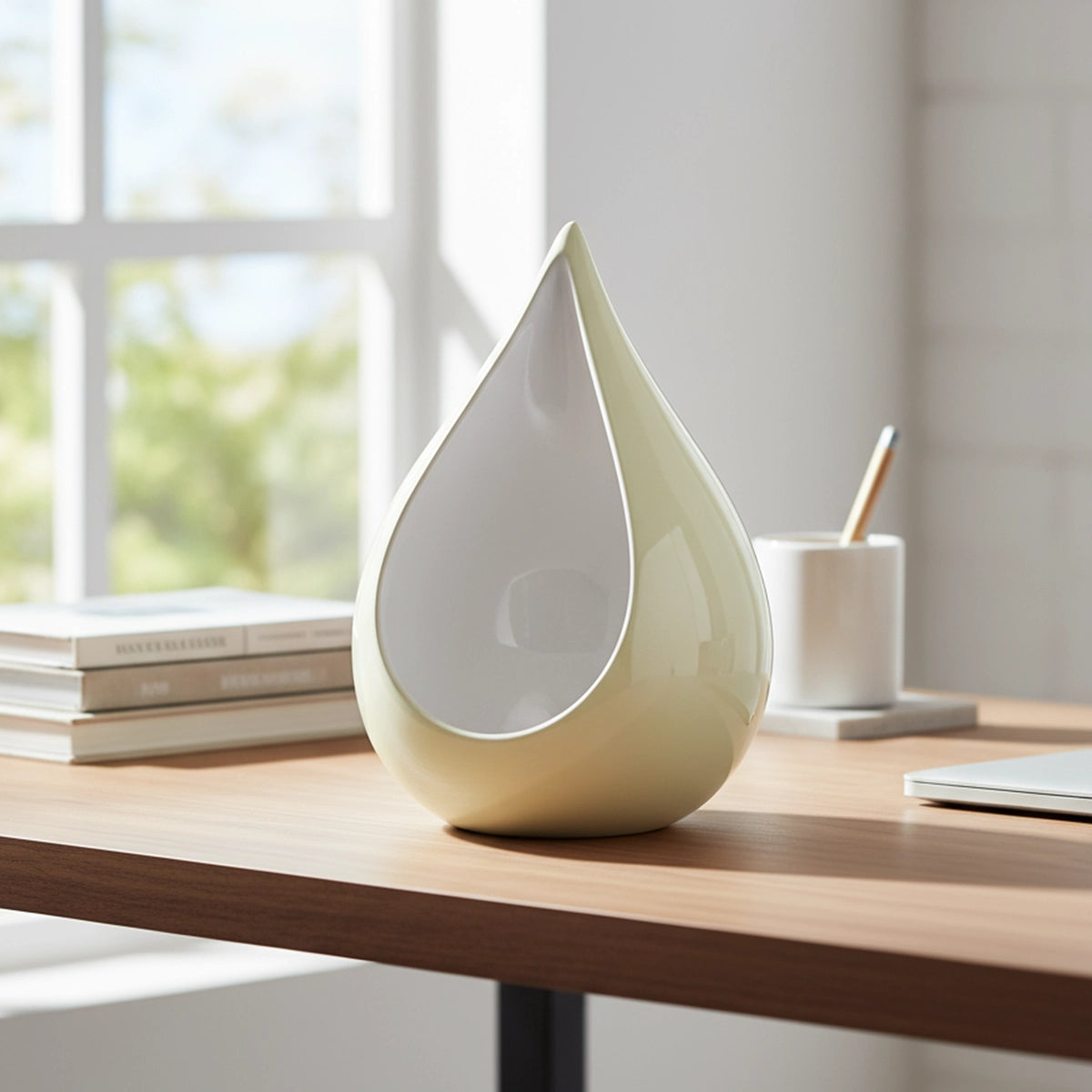 Odyssee Teardrop Urn for Ashes in Ivory and White on Desk