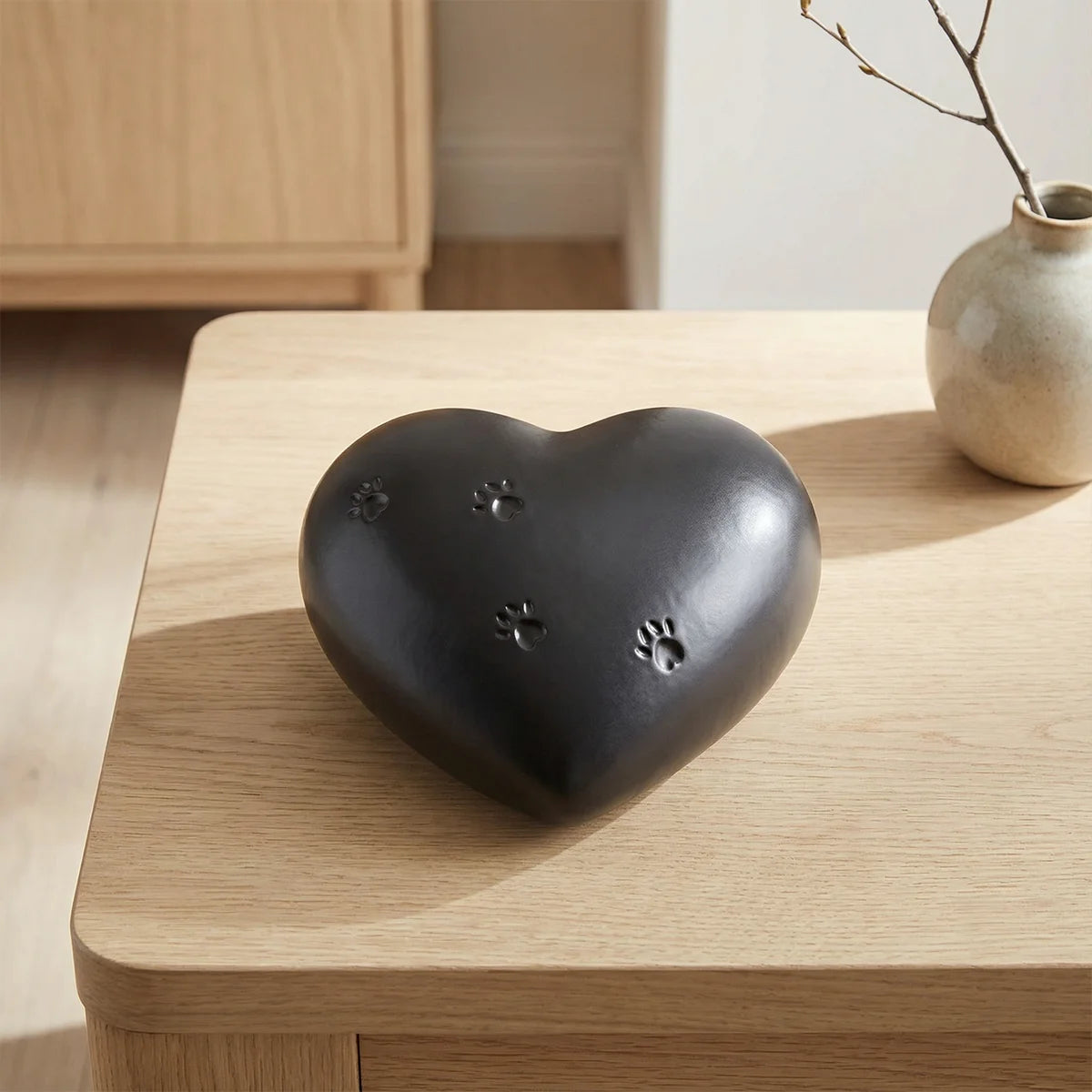 Paw Print Heart Pet Urn for Ashes in Black