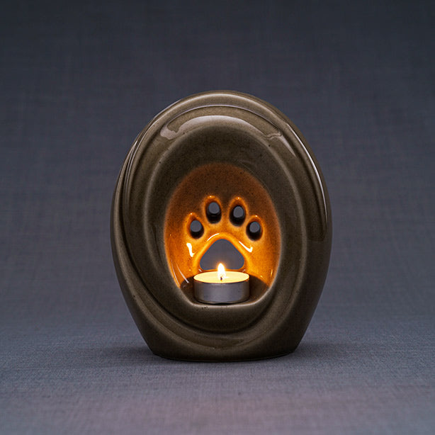 Paw Print Pet Urn for Ashes in Beige Grey Back Dark