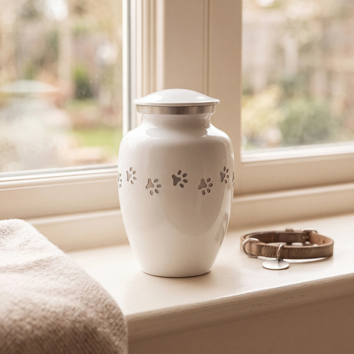 Pawprint-Pet-Urn-for-Ashes-in-White-Silver-Large-pet_sunny_sill