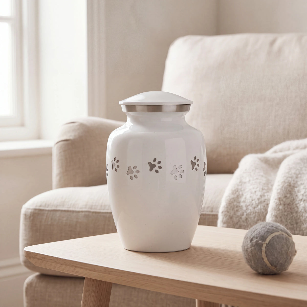 Pawprint-Pet-Urn-for-Ashes-in-White-Silver-Medium-pet_reading_nook