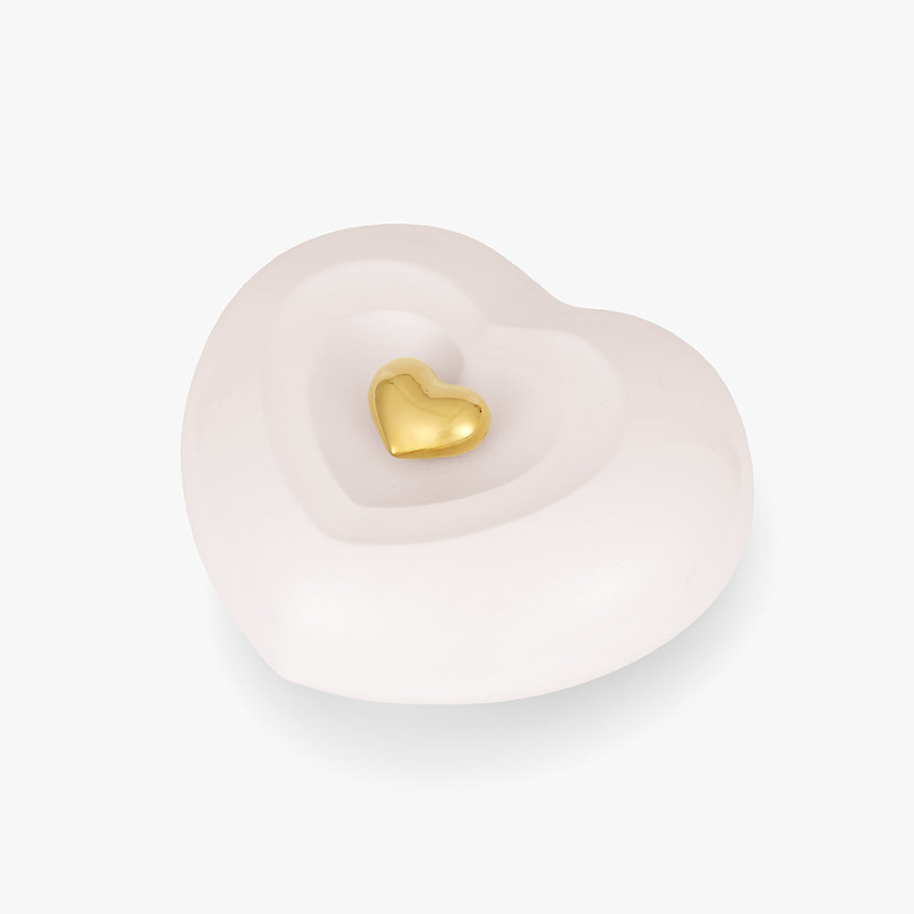 Peaceful Heart Adult Cremation Urn for Ashes Front in White and Gold