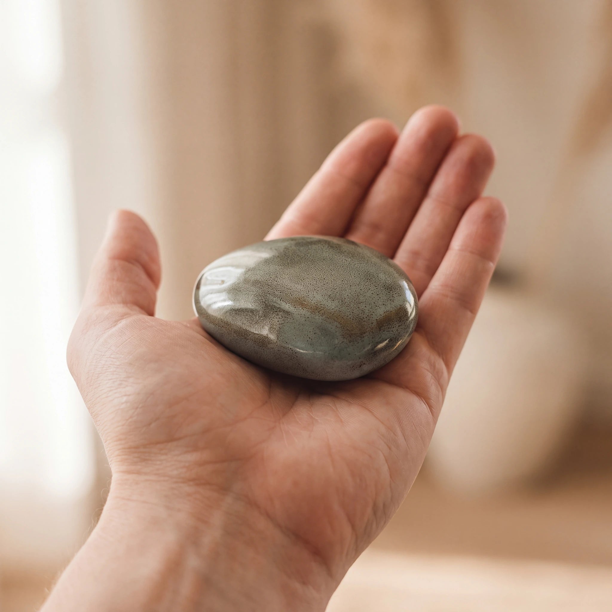 Pebbles-Small-Urn-for-Ashes-in-Oily-Green-In-the-Palm