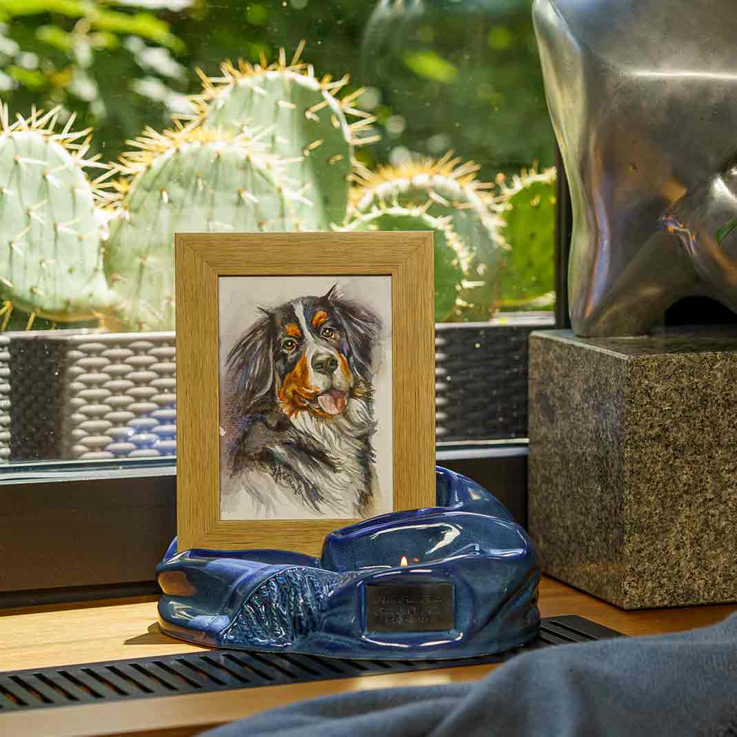 Picture Frame Pet Urns for Ashes in Blue Ceramic with Photo of Dog on Shelf