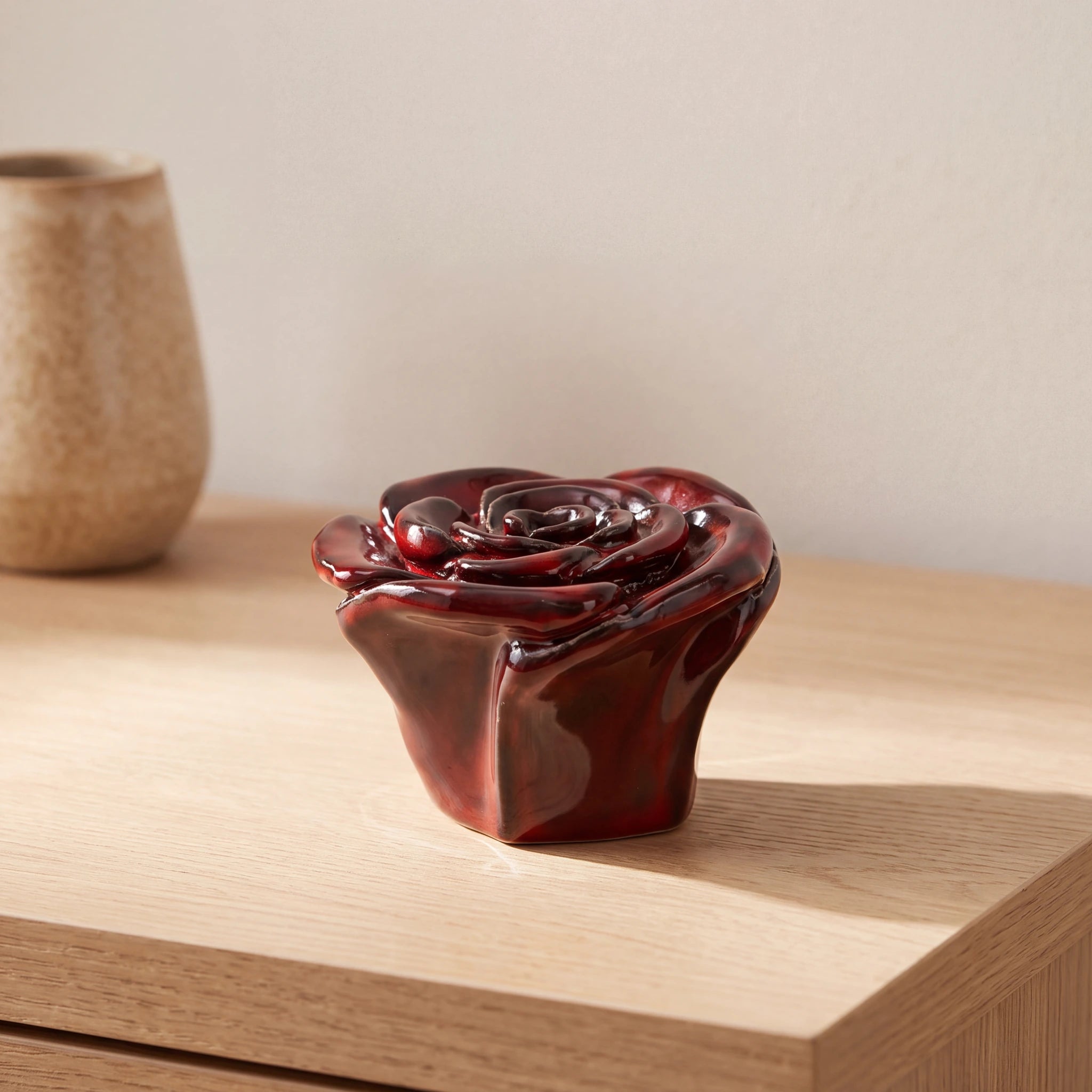 Rose-Keepsake-Urn-for-Ashes-in-Red-Oak-Console