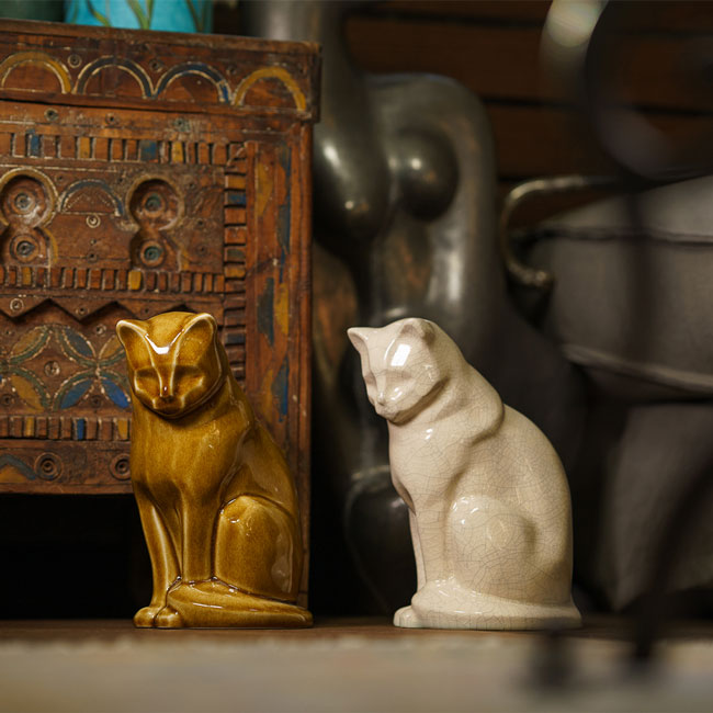 Sitting Cat Cremation Urn For Ashes Dark Sand And Crackle Glaze