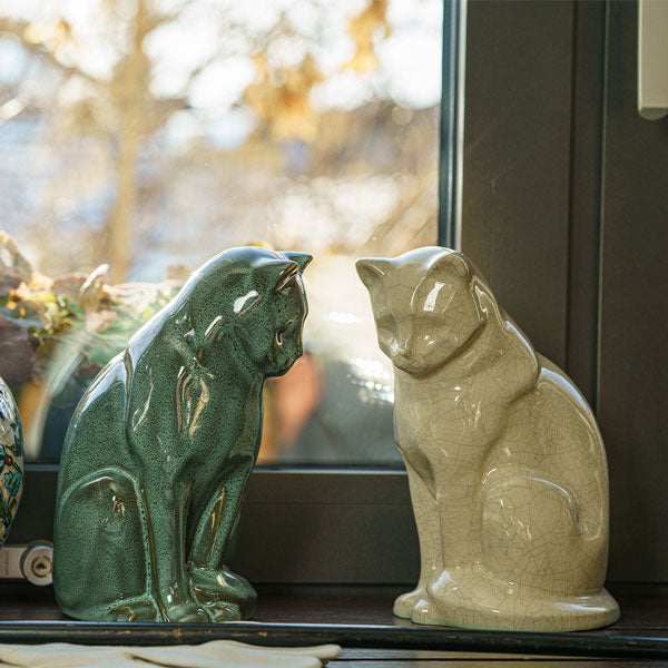 Sitting Cat Cremation Urn For Ashes Oily Green And Crackle Glaze By Windowsill