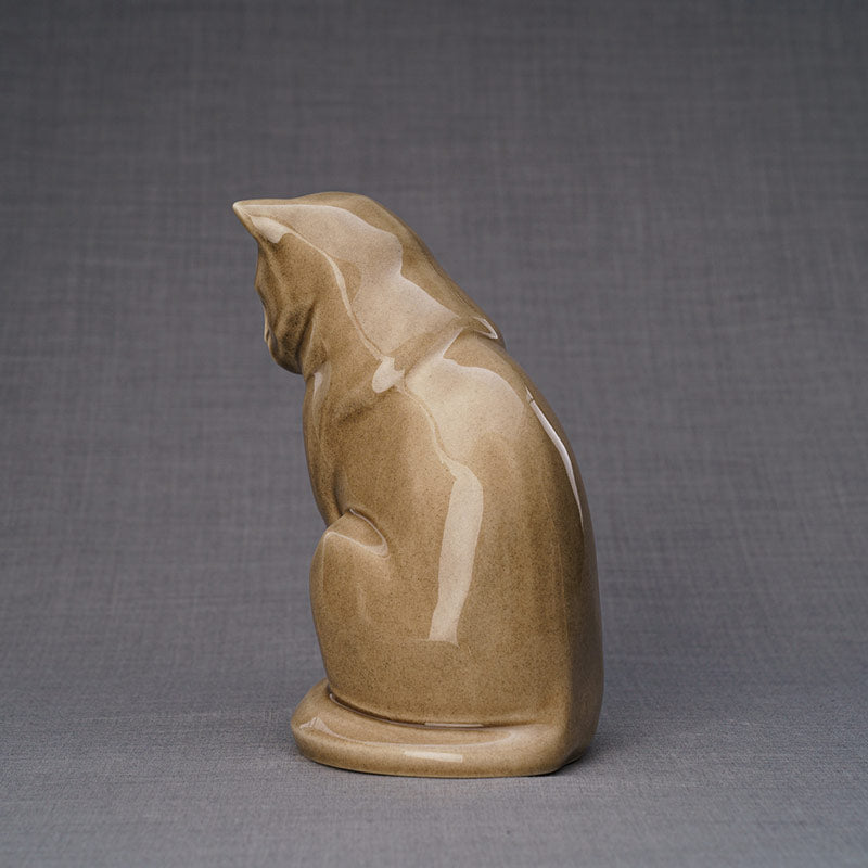 Sitting Cat Cremation Urn For Pets Ashes Beige Grey Angled View