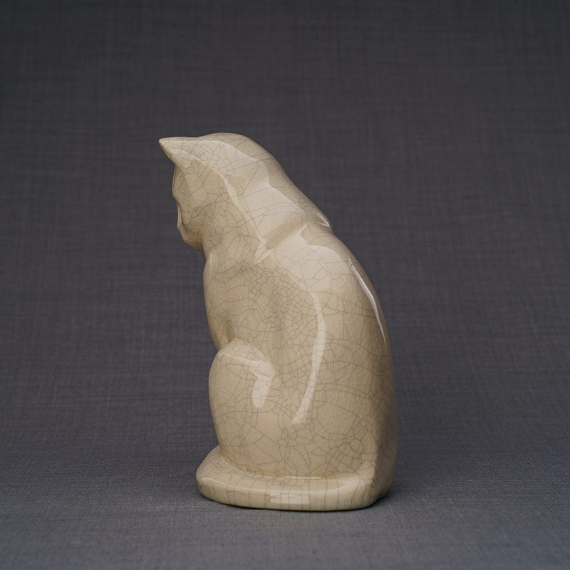 Sitting Cat Cremation Urn For Pets Ashes Crackle Glaze Angled View