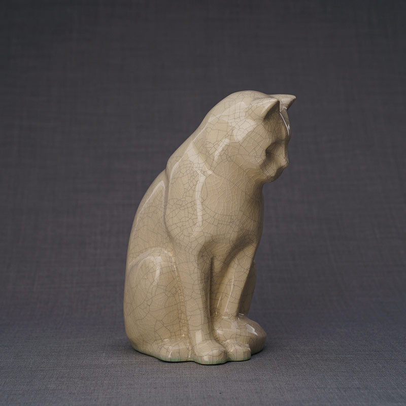 Sitting Cat Cremation Urn For Pets Ashes Crackle Glaze Side View