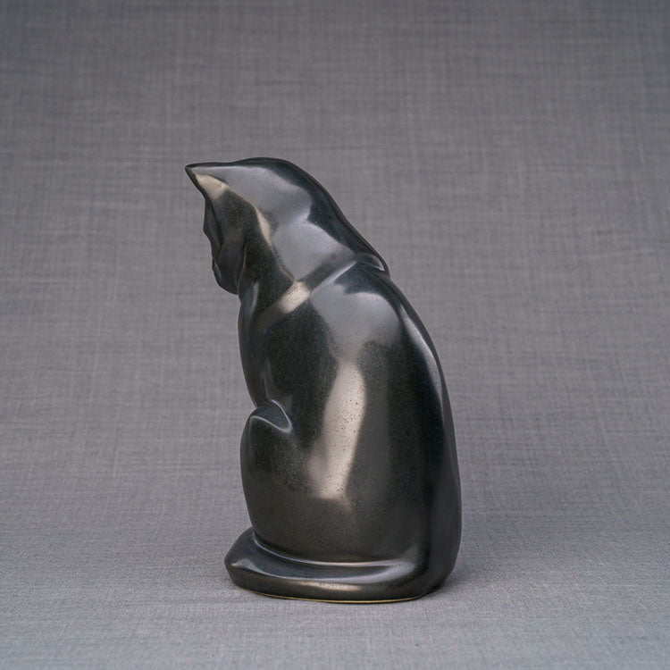 Sitting Cat Cremation Urn For Pets Ashes Matte Black Angled View