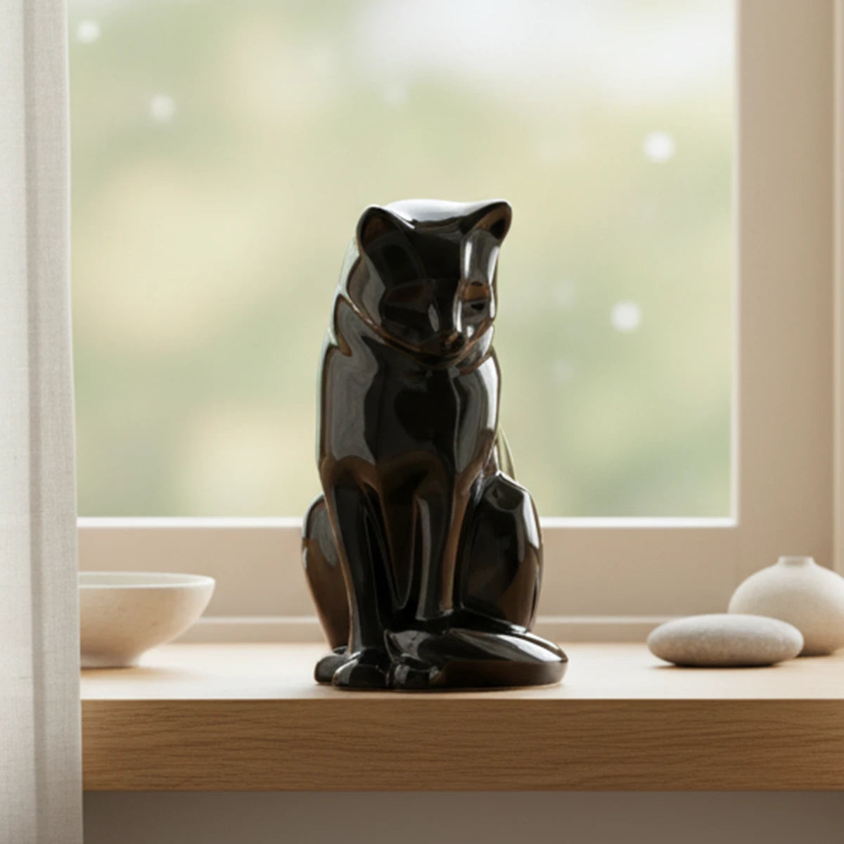 Sitting Cat Urn for Ashes in Glossy Black