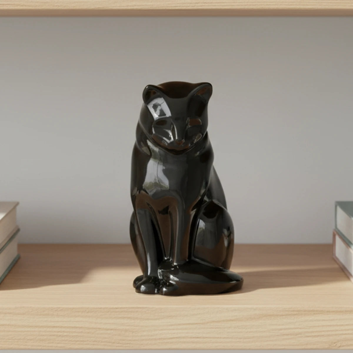 Sitting Cat Urn for Ashes in Glossy Black