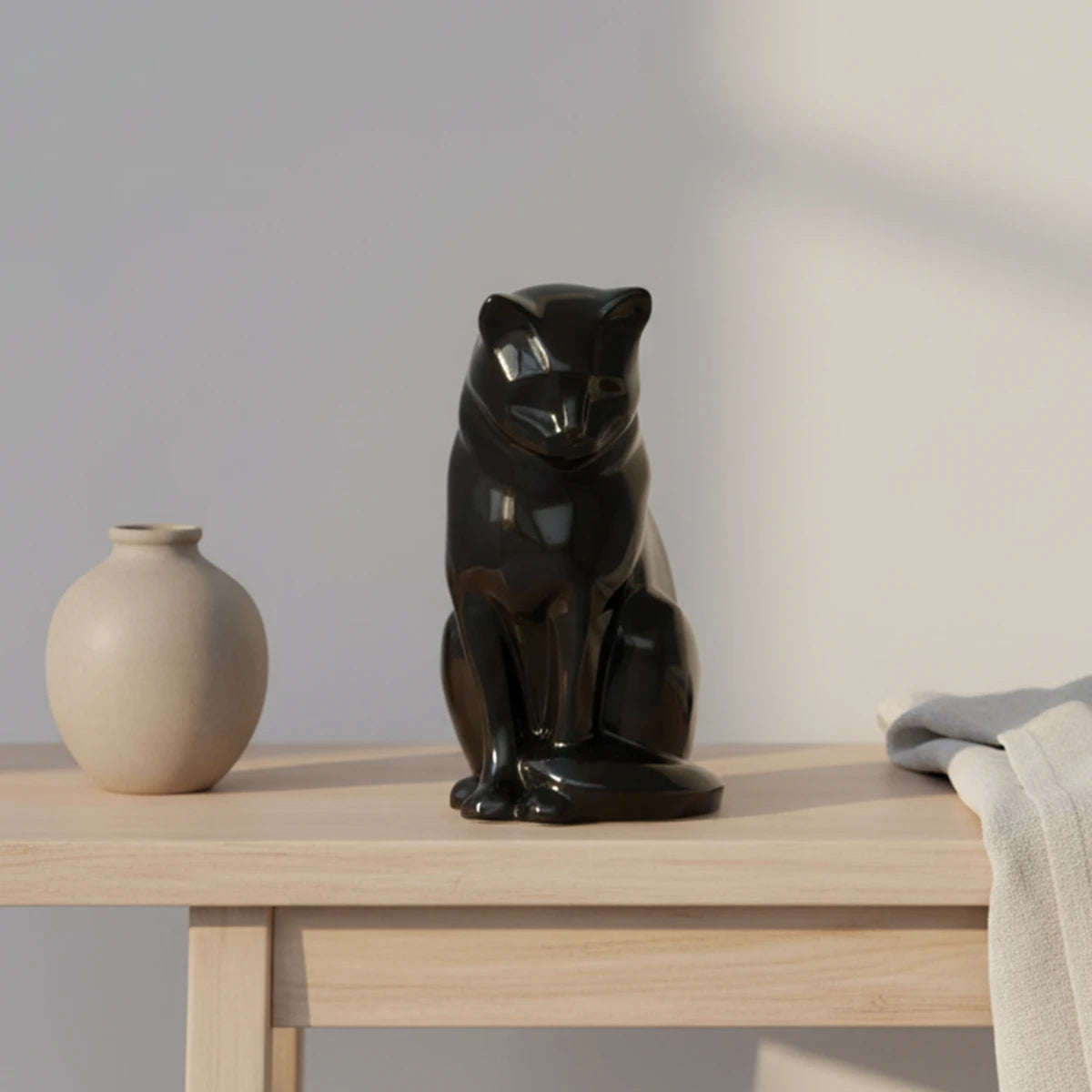 Sitting Cat Urn for Ashes in Glossy Black