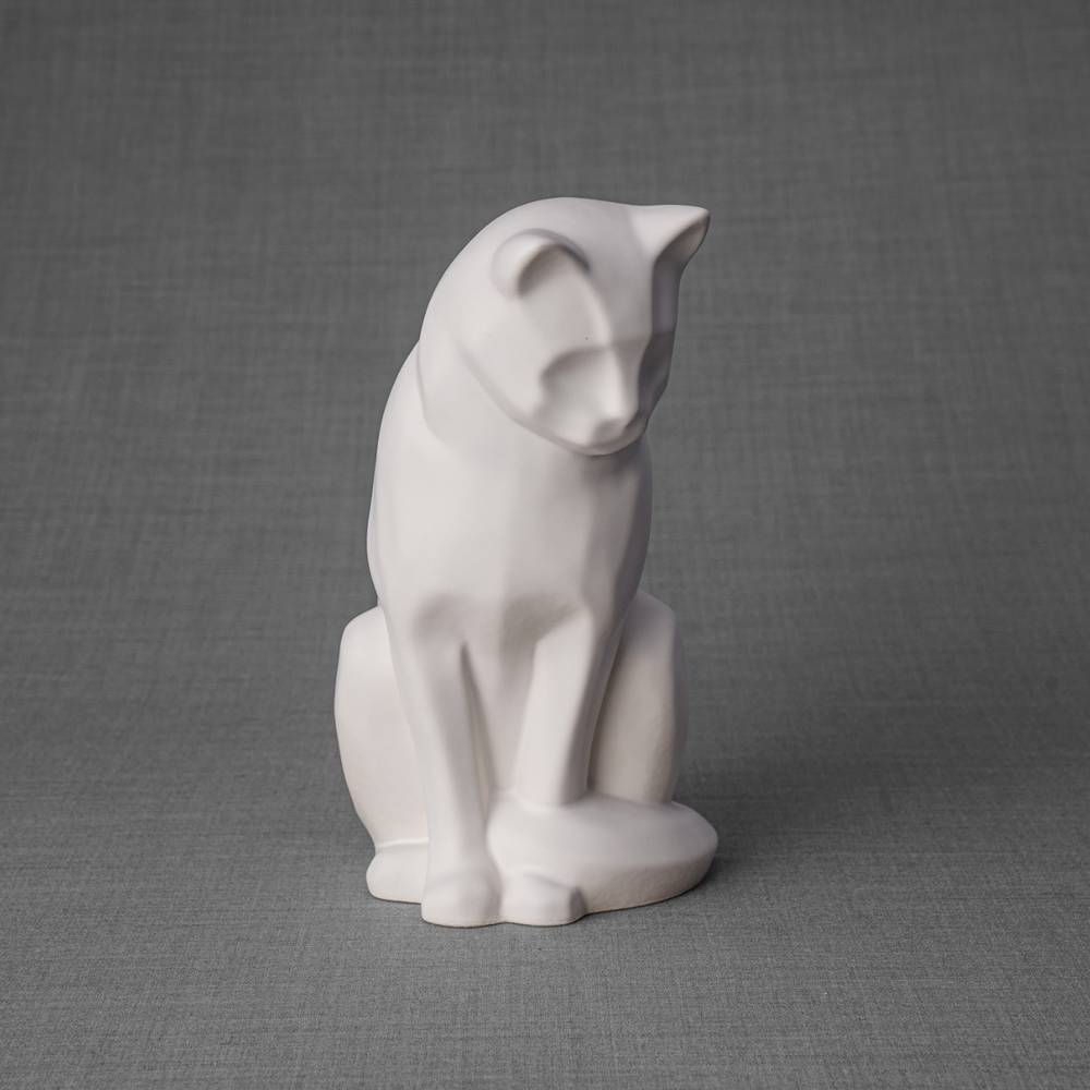 Sitting Cat Urn for Ashes in Matte White Front
