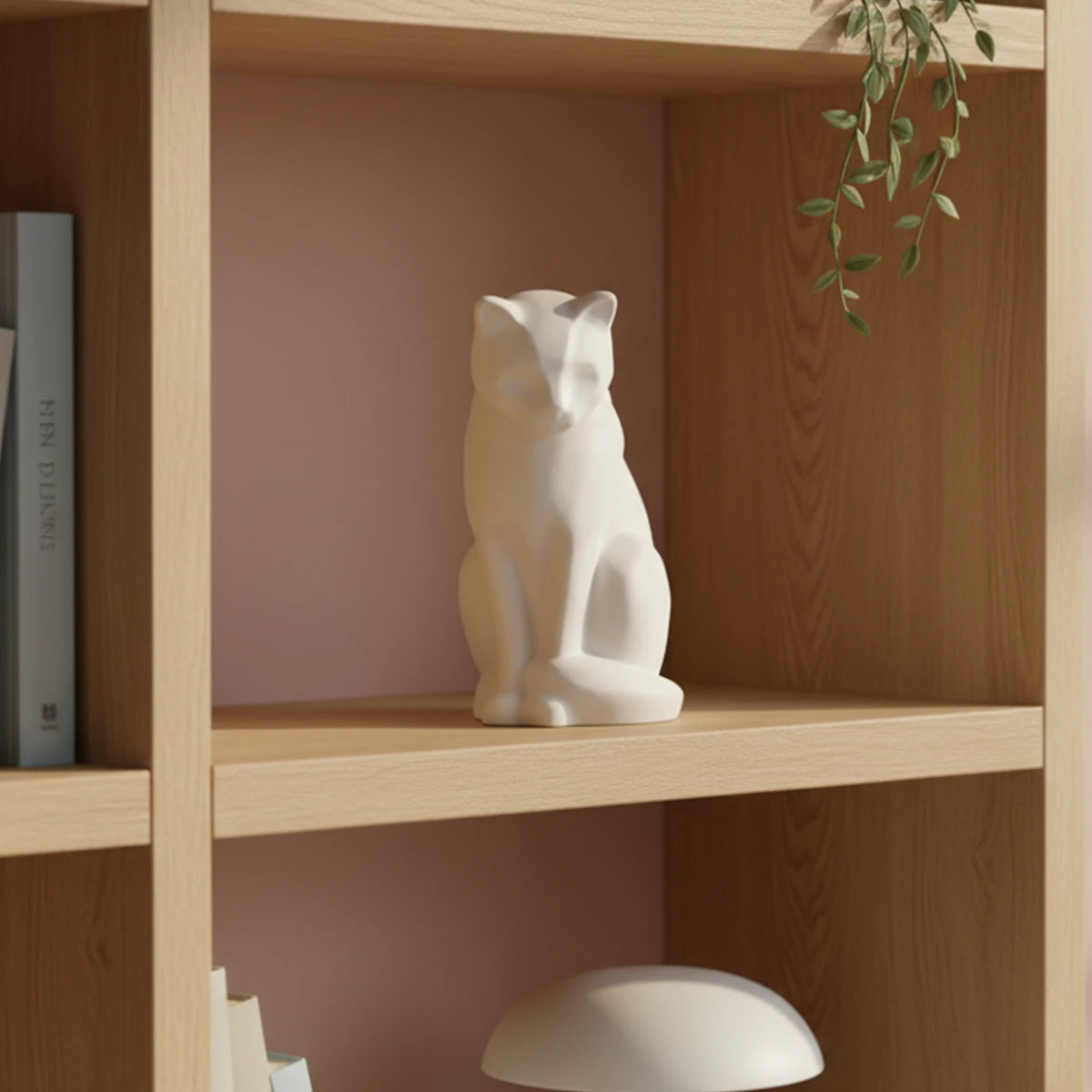 Sitting Cat Urn for Ashes in Matte White on Bookcase