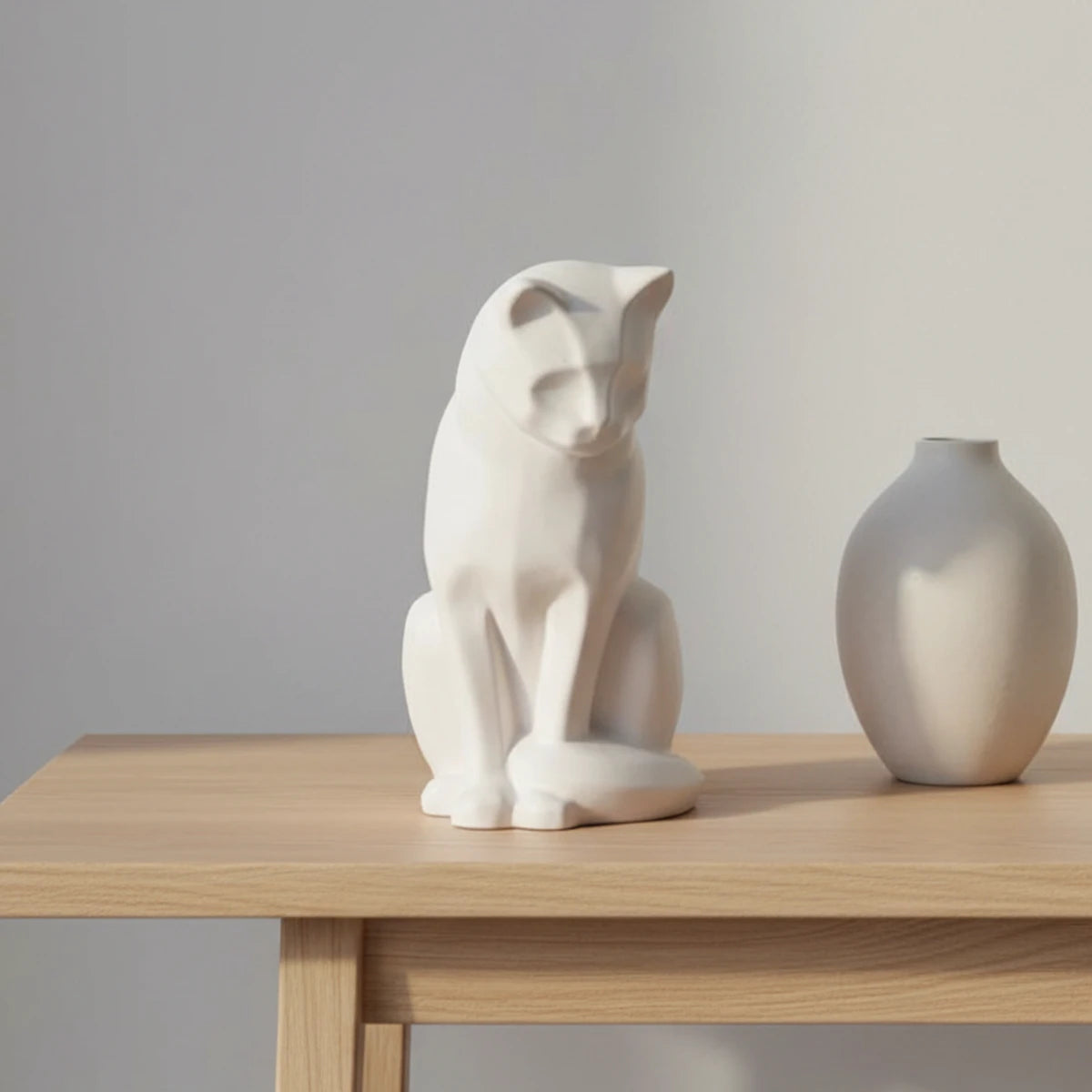 Sitting Cat Urn for Ashes in Matte White on Kitchen Table