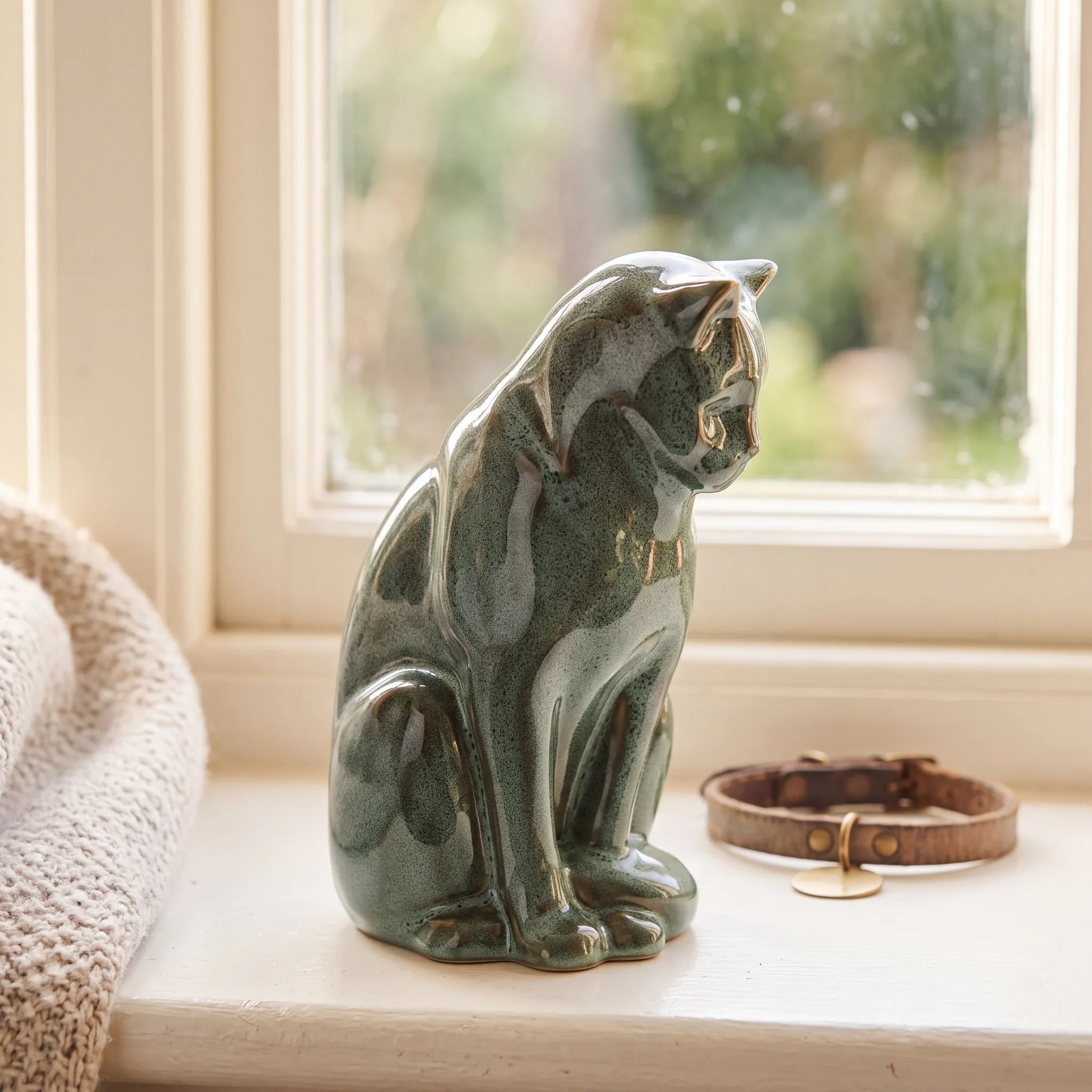 Sitting-Cat-Urn-for-Ashes-in-Oily-Green-pet_sunny_sill