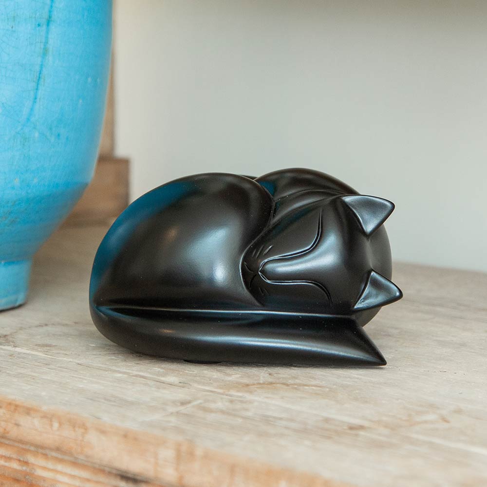 Sleeping Cat Resin Urn in Black