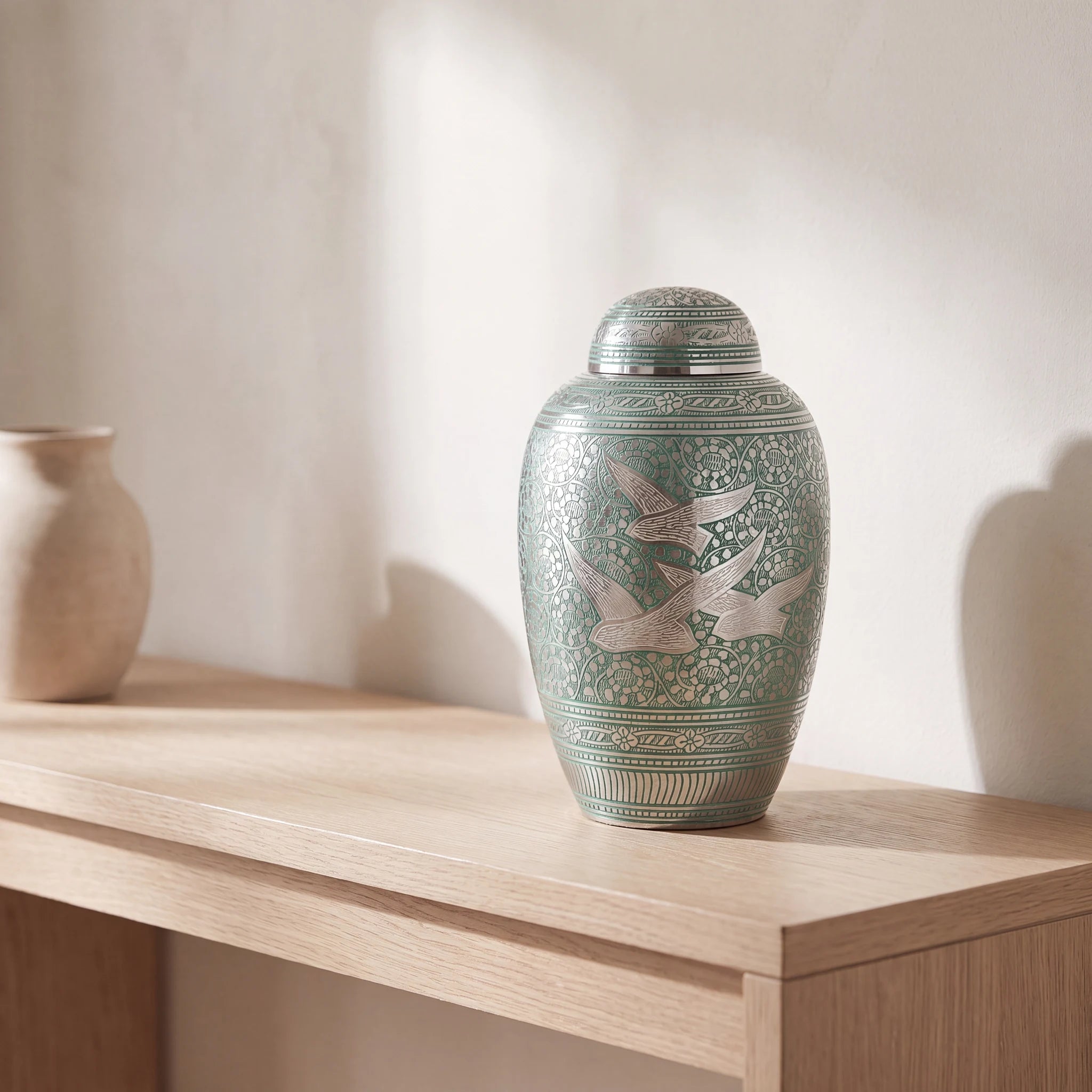Soaring Doves Metal Adult Cremation Urn for Ashes in Green and Silver