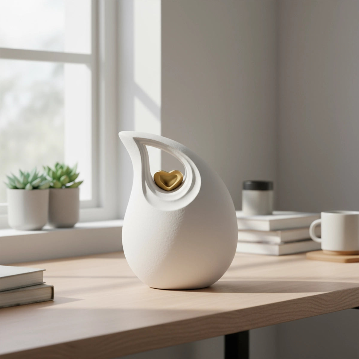 Teardrop Heart Cremation Urn for Ashes in White and Gold