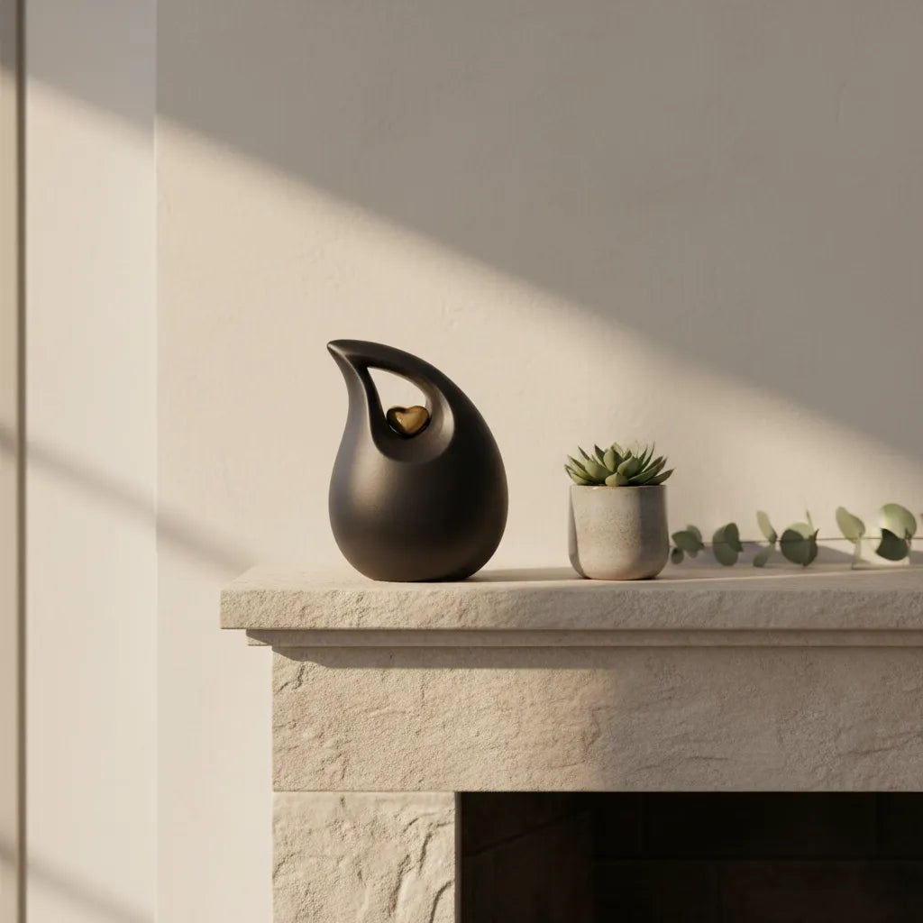 Teardrop Heart small urn for ashes in black and gold on a living room shelf