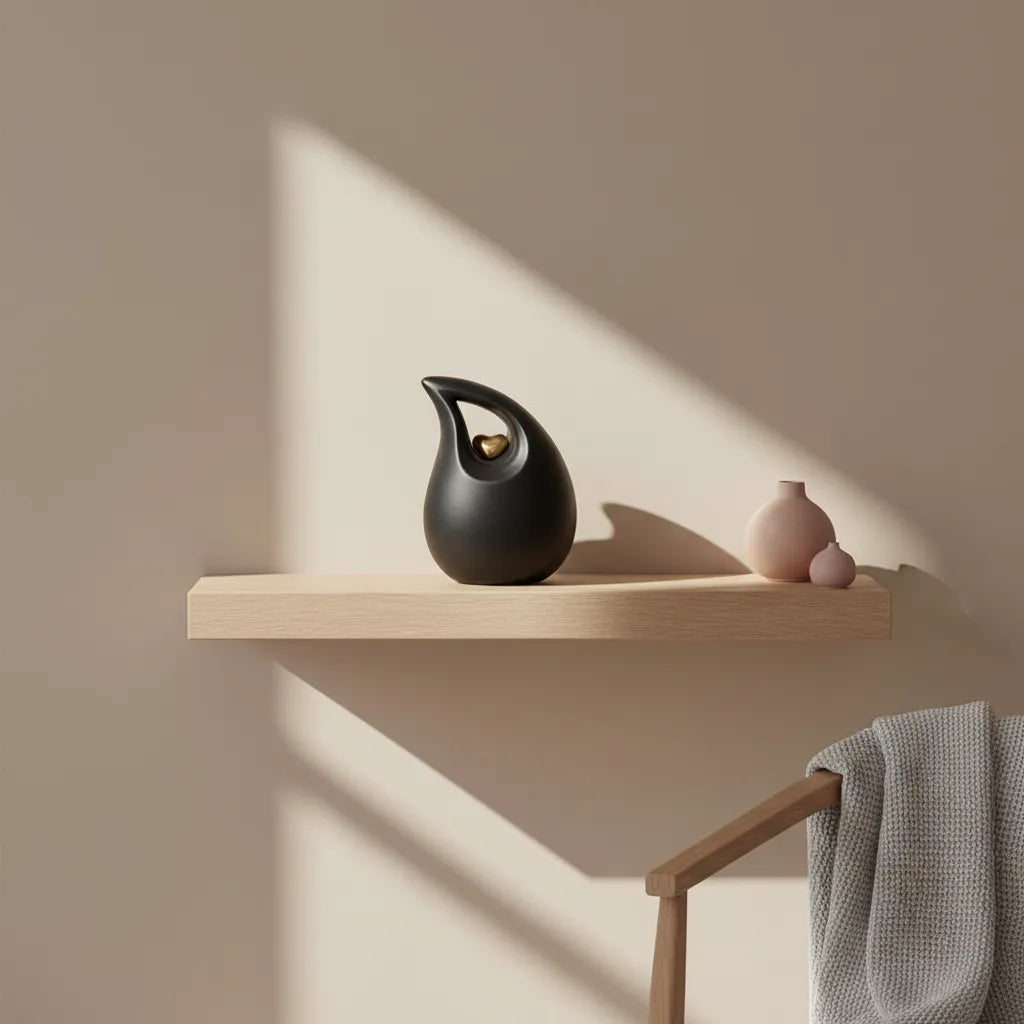 Teardrop Heart small urn for ashes in black and gold on a shelf