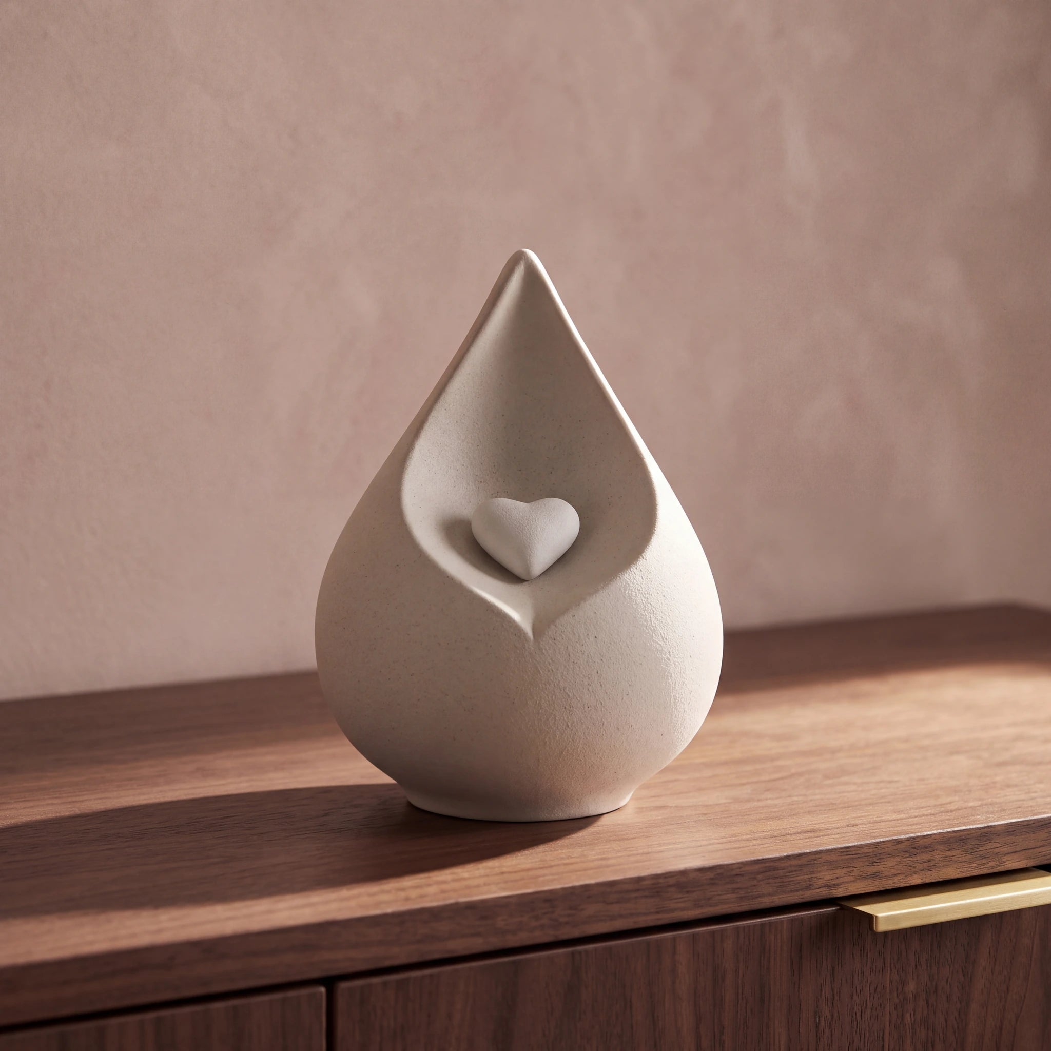 Teardrop-Medium-Urn-for-Ashes-with-Heart-in-Light-Beige-Walnut-Sideboard