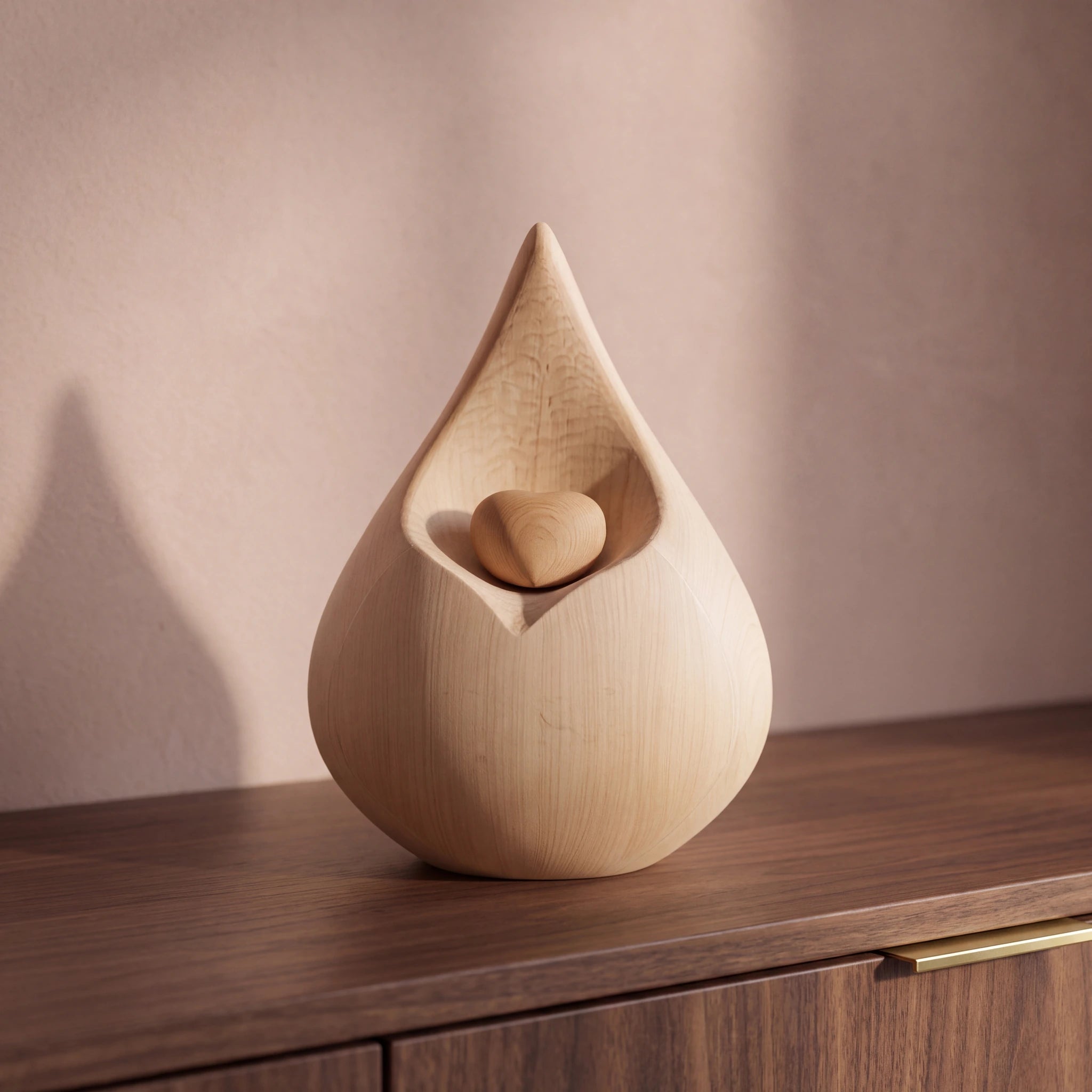 Teardrop-Medium-Urn-for-Ashes-with-Heart-in-Natural-Wood-Walnut-Sideboard