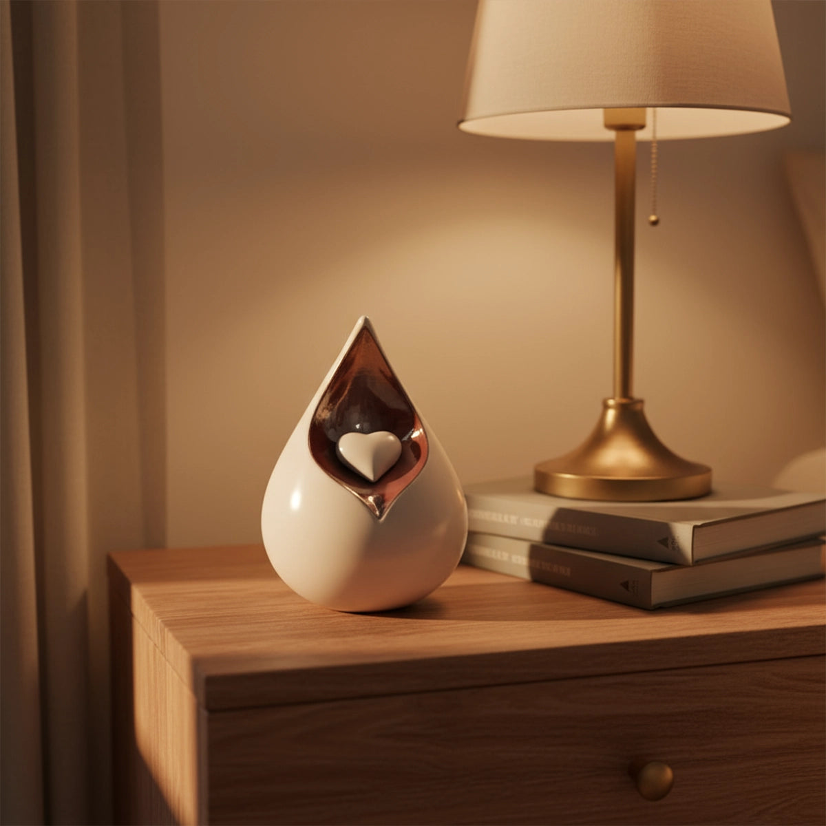 Teardrop Medium Urn for Ashes with Heart in White and Brown