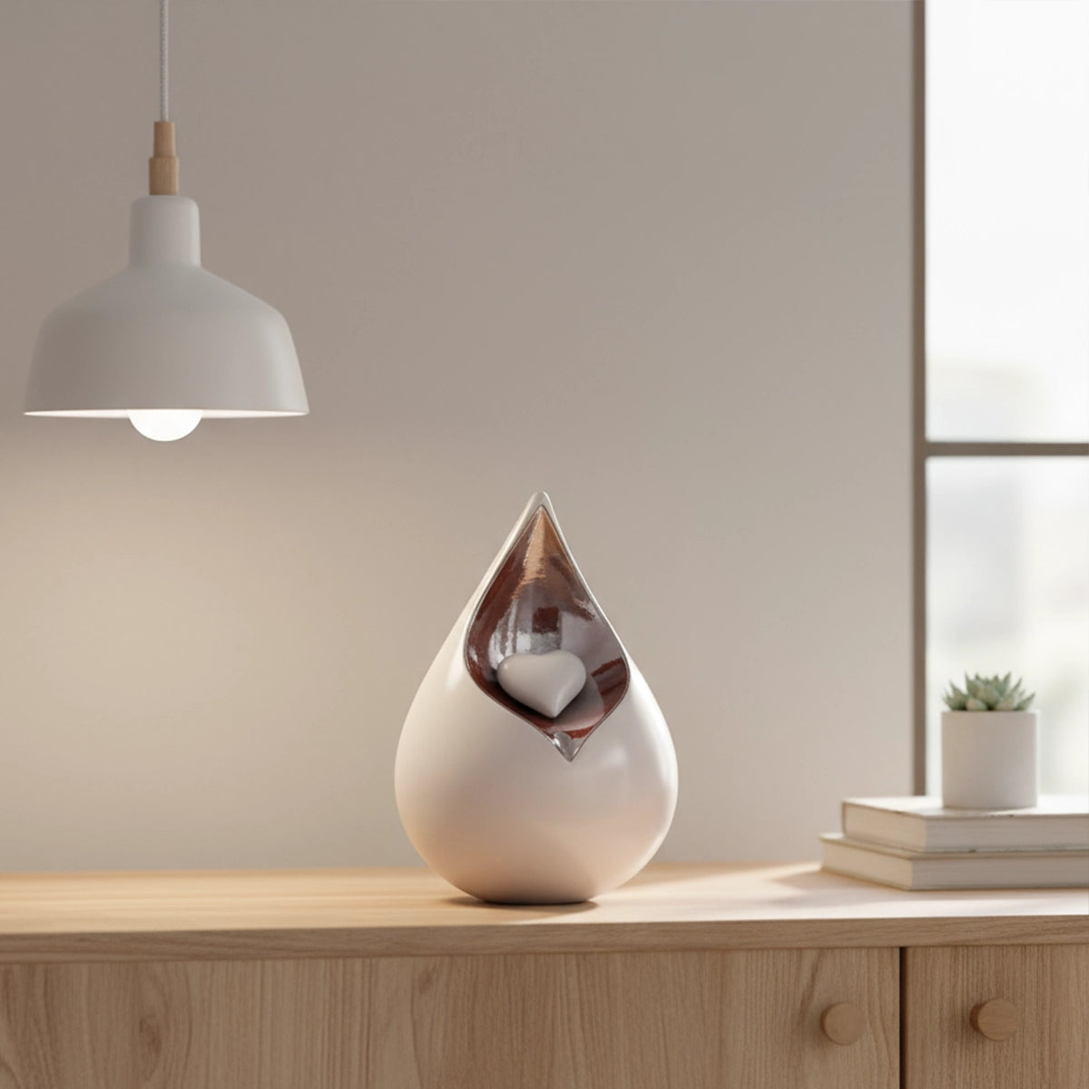 Teardrop Medium Urn for Ashes with Heart in White and Brown