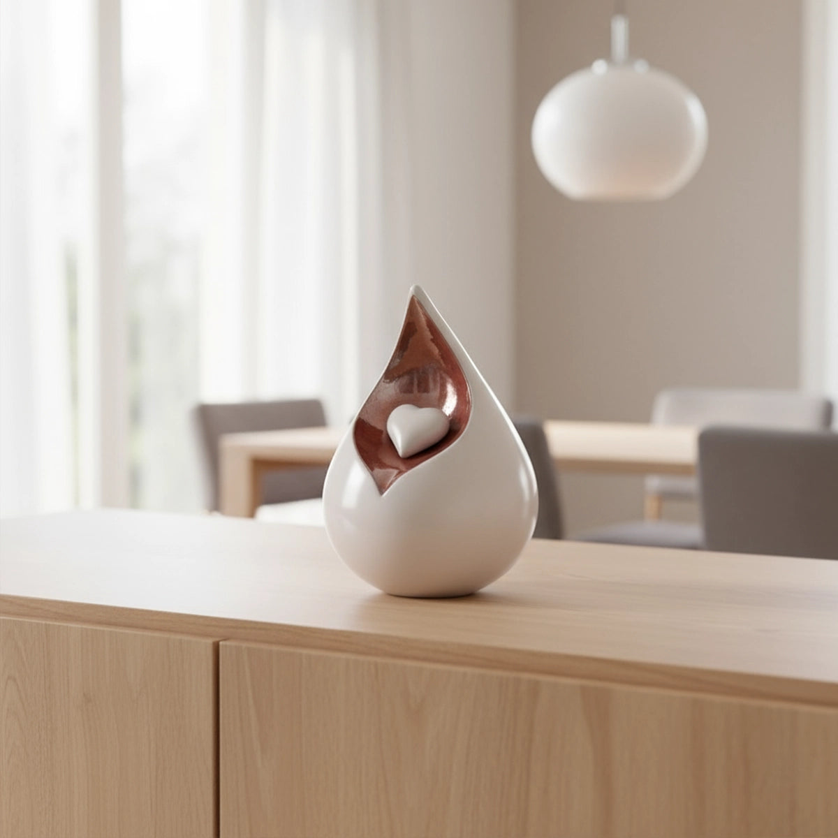 Teardrop Medium Urn for Ashes with Heart in White and Brown