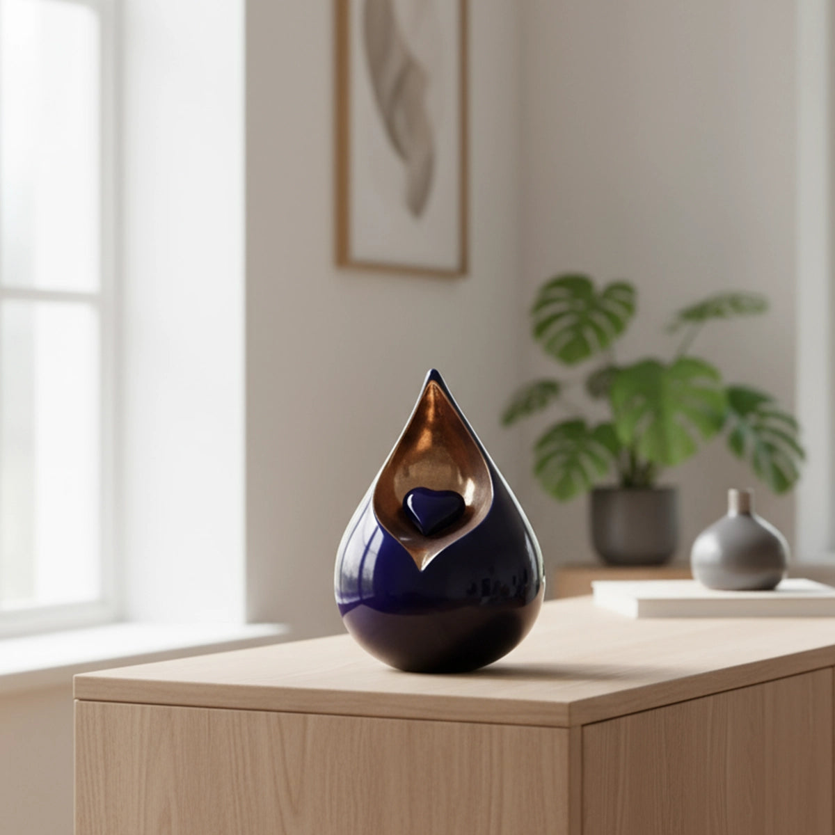 Teardrop Medium Urn with Heart for Ashes in Cobalt Blue and Gold in Living Room