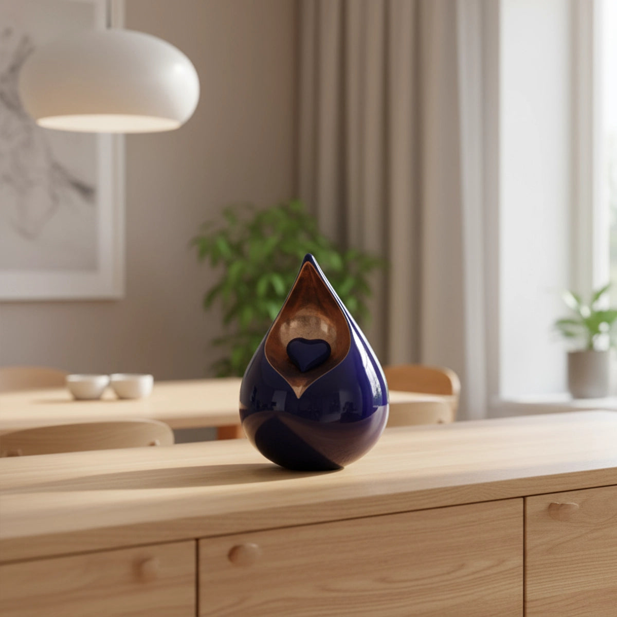 Teardrop Medium Urn with Heart for Ashes in Cobalt Blue and Gold
