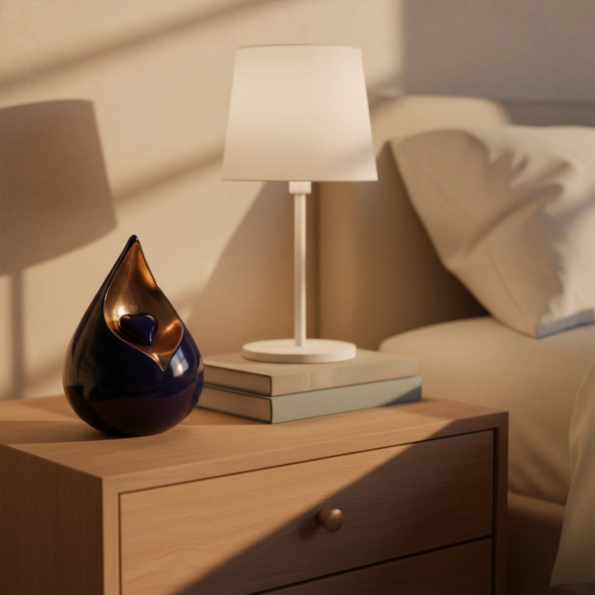 Teardrop Medium Urn with Heart for Ashes in Cobalt Blue and Gold on Bedside Table
