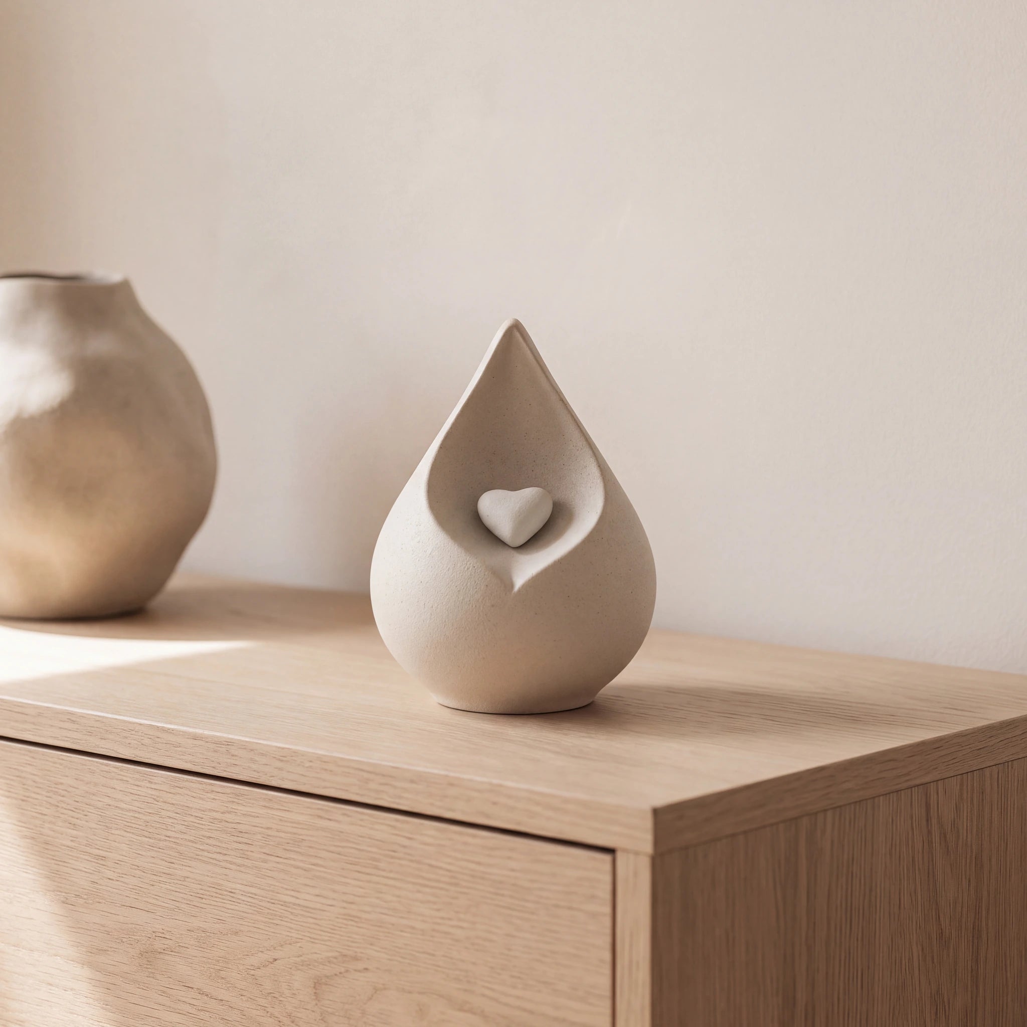 Teardrop-Small-Urn-for-Ashes-in-with-Heart-in-Light-Beige-Oak-Console