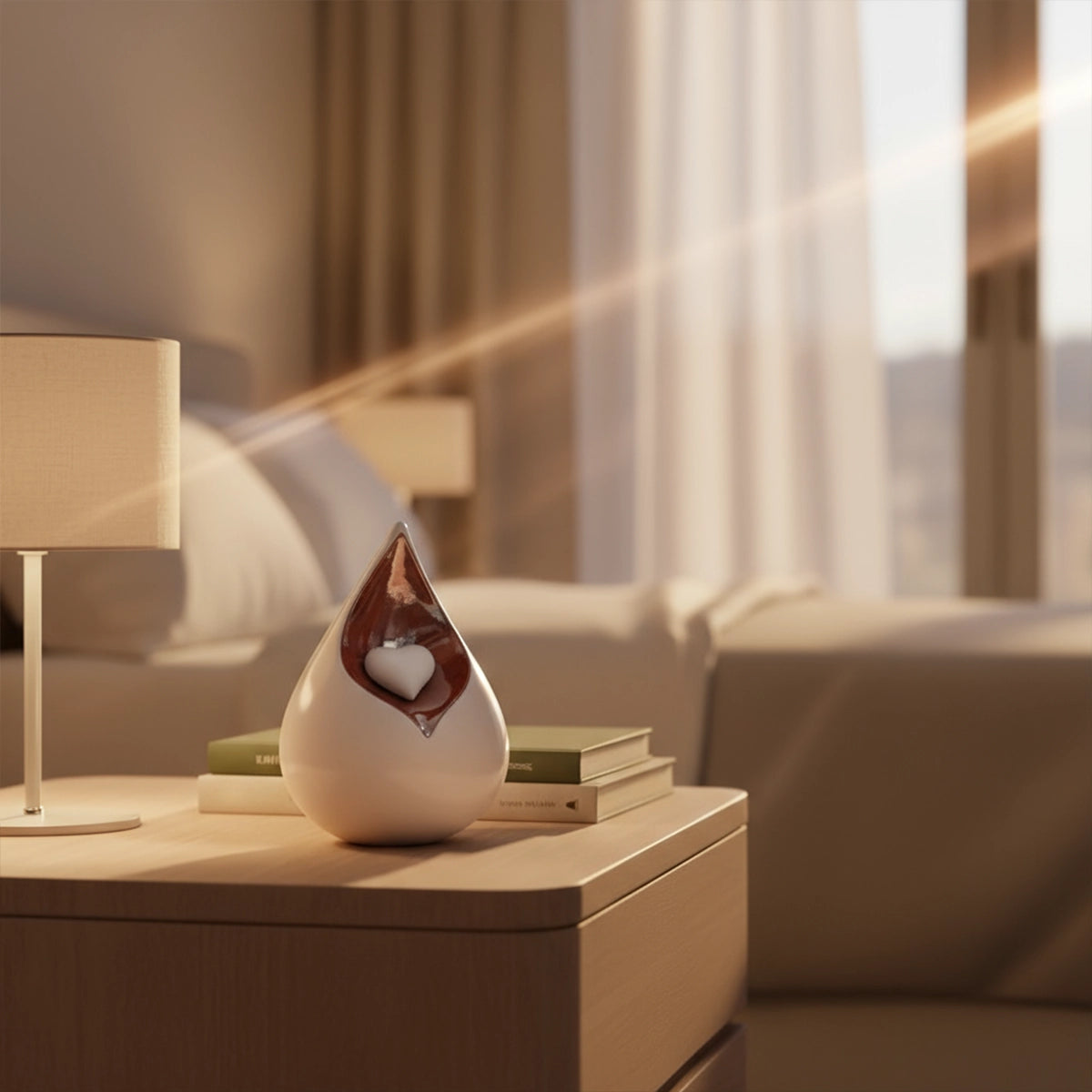 Teardrop Small Urn for Ashes with Heart in White and Brown