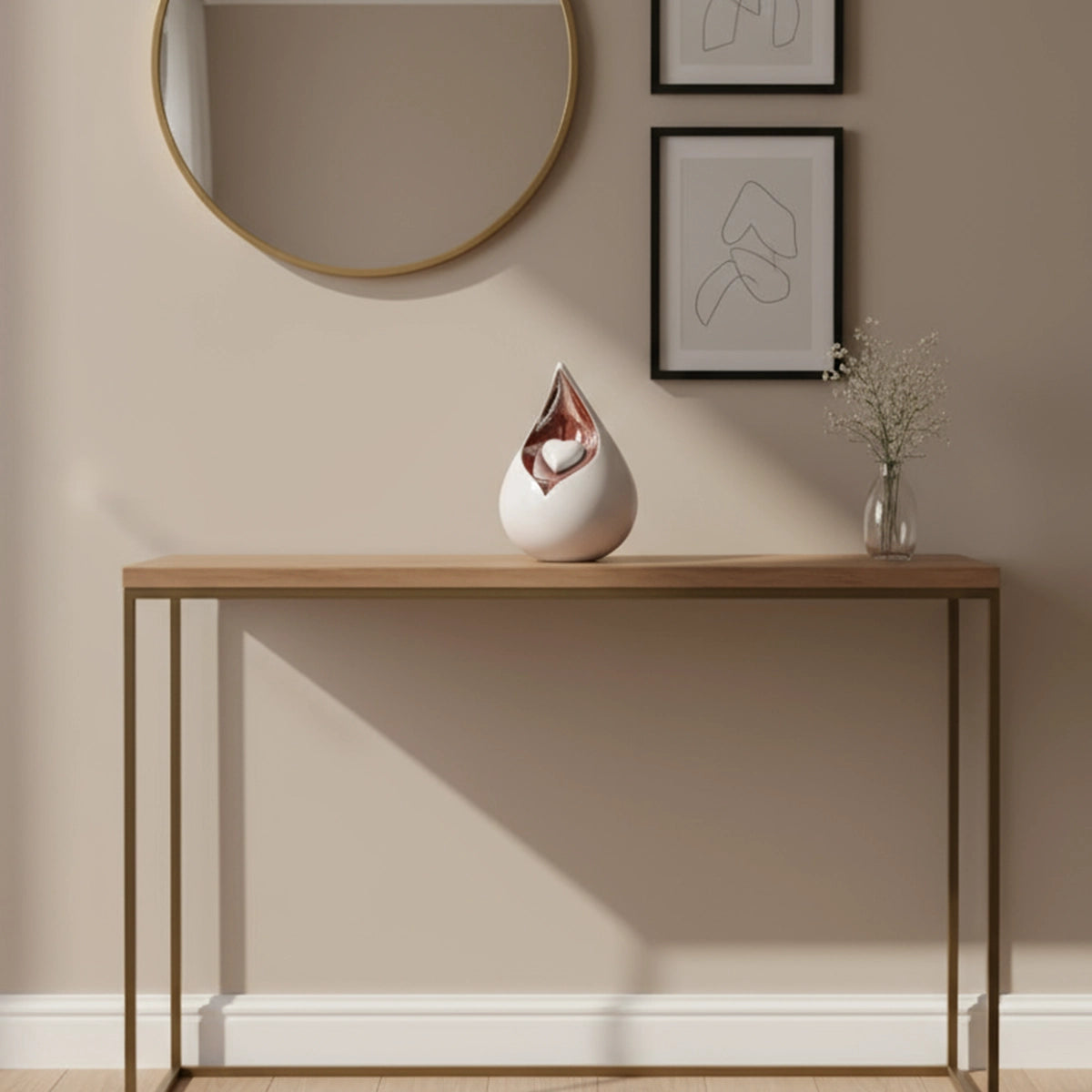 Teardrop Small Urn for Ashes with Heart in White and Brown