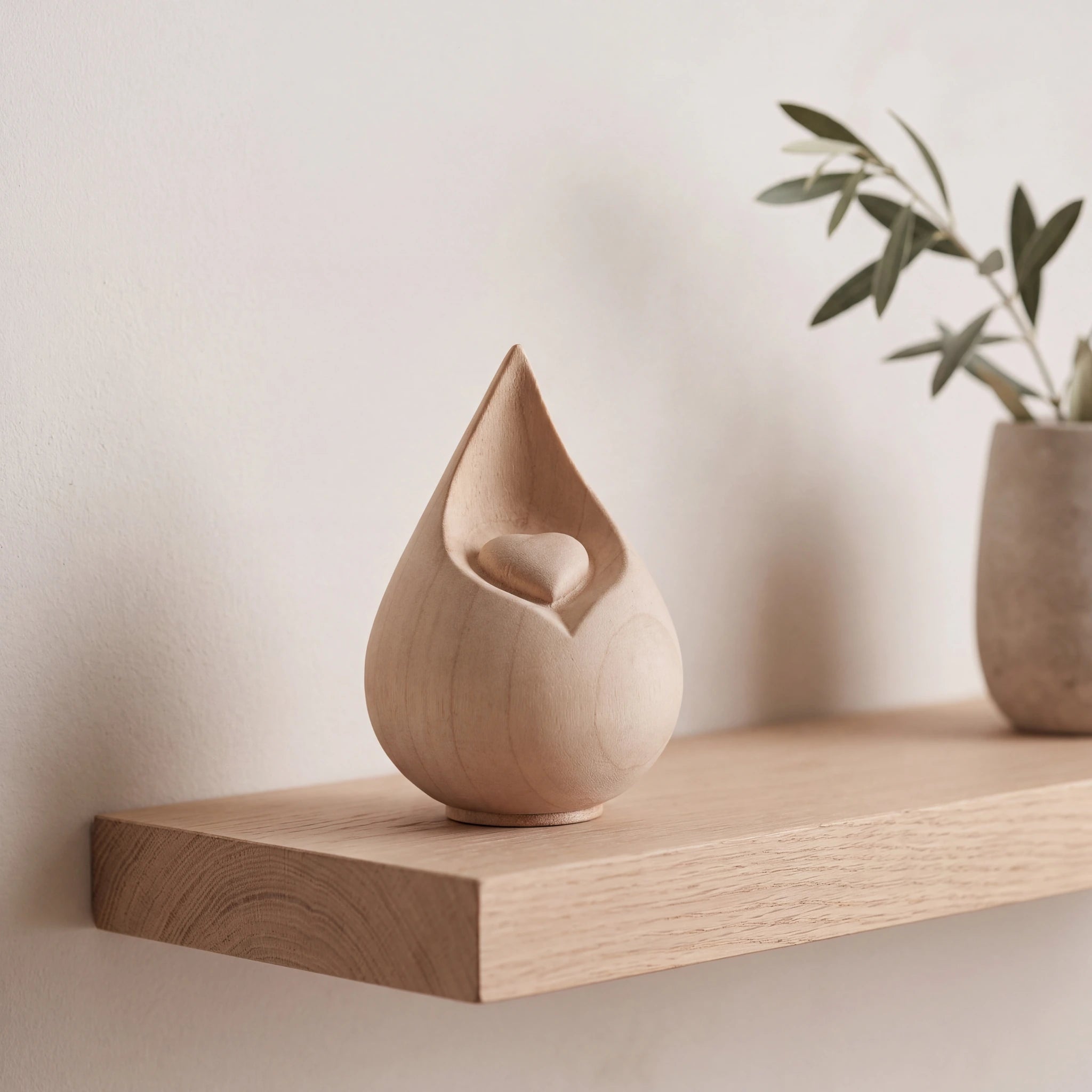 Teardrop-Small-Urn-for-with-Heart-Ashes-in-Natural-Wood-Oak-Shelf