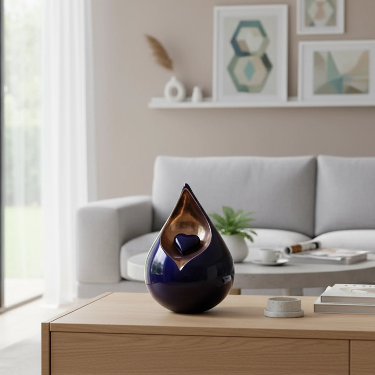 Teardrop Urn for Ashes with Heart in Cobalt Blue and Gold
