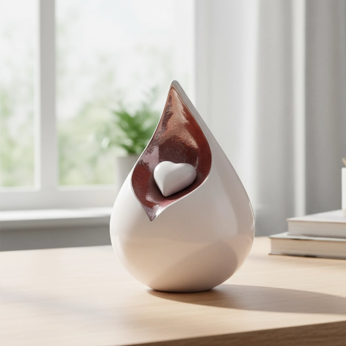 Teardrop Urn for Ashes with Heart in White and Brown