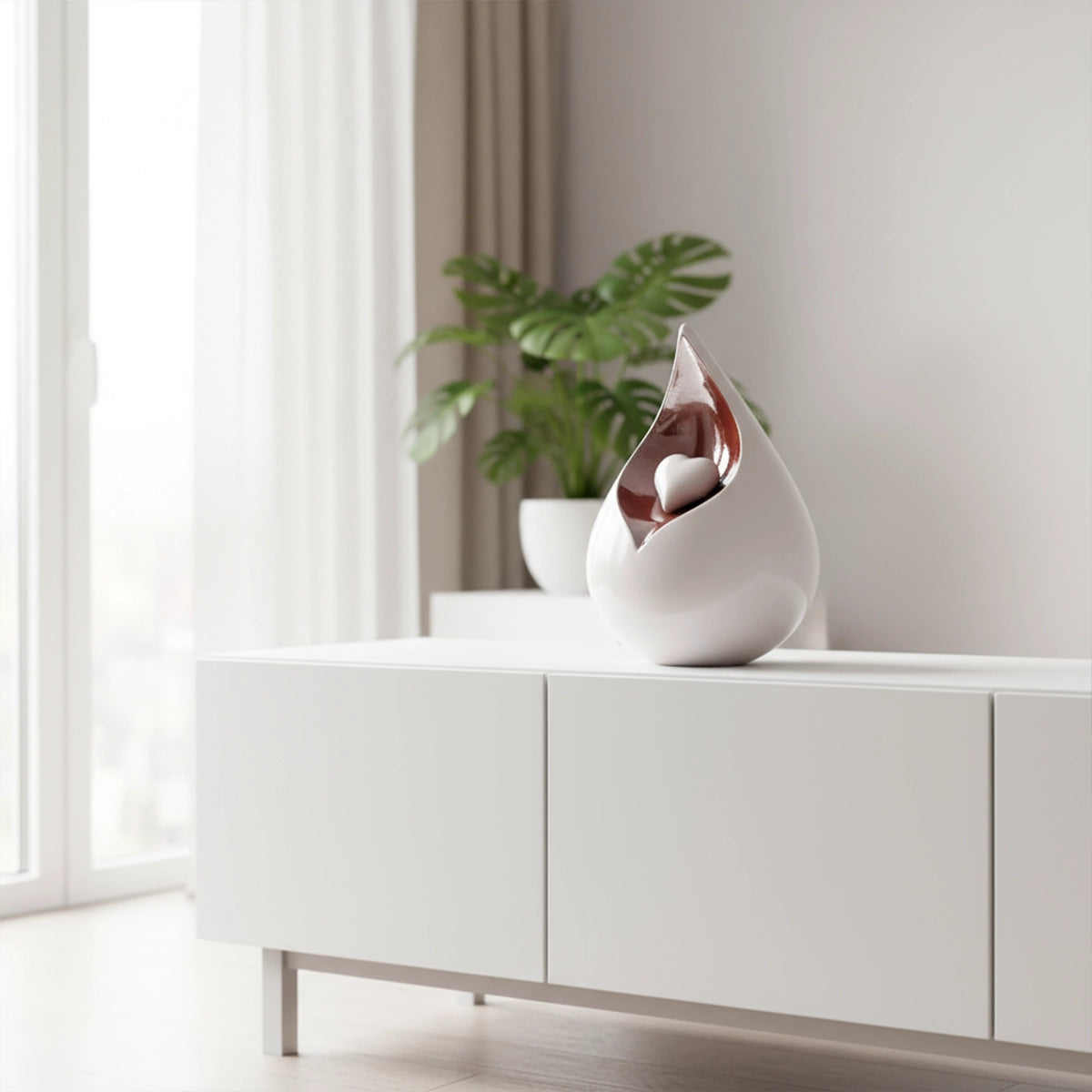 Teardrop Urn for Ashes with Heart in White and Brown