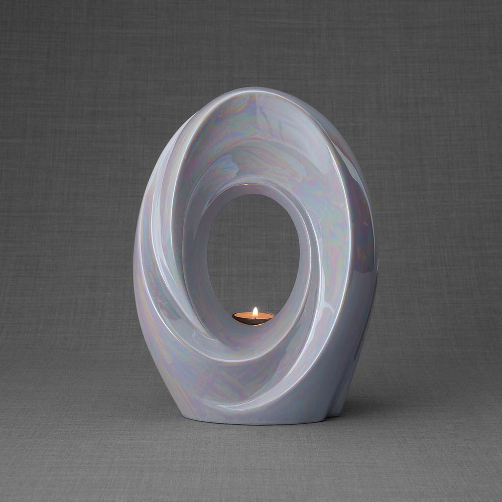 The Passage Adult Cremation Urn for Ashes in Pearlescent White Dark Background