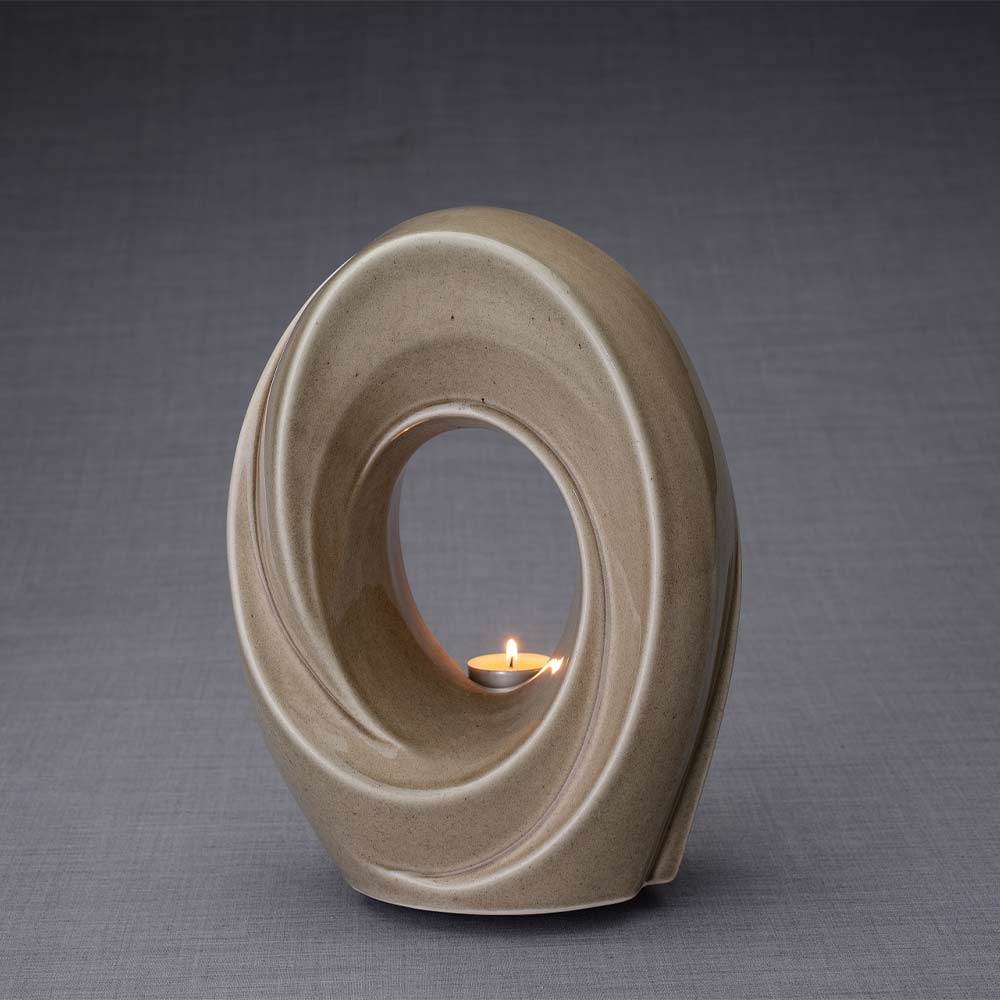 The Passage Cremation Urn for Ashes in Beige Grey Turned Left Dark Background