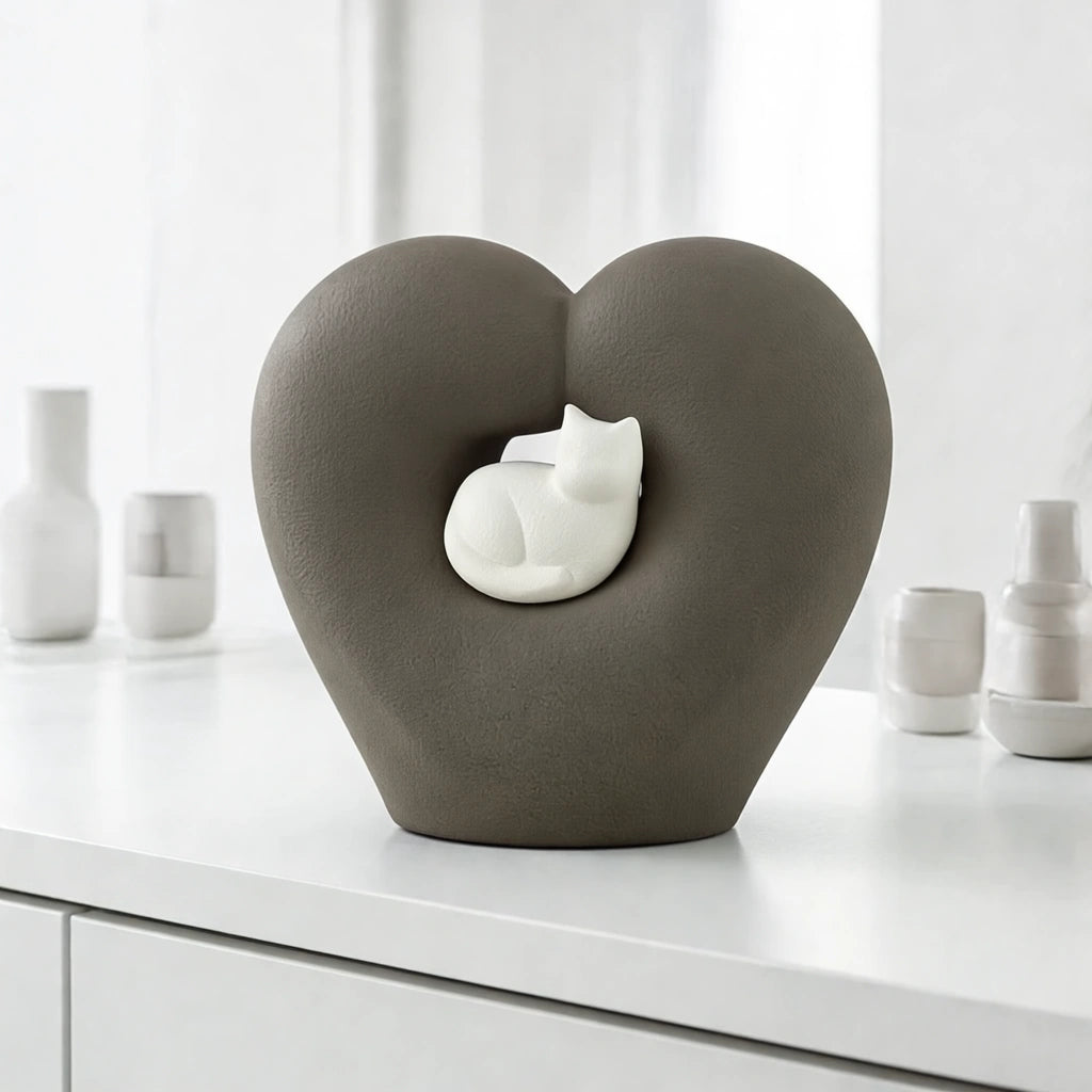Cat Heart Pet Urn for Ashes in Grey & White